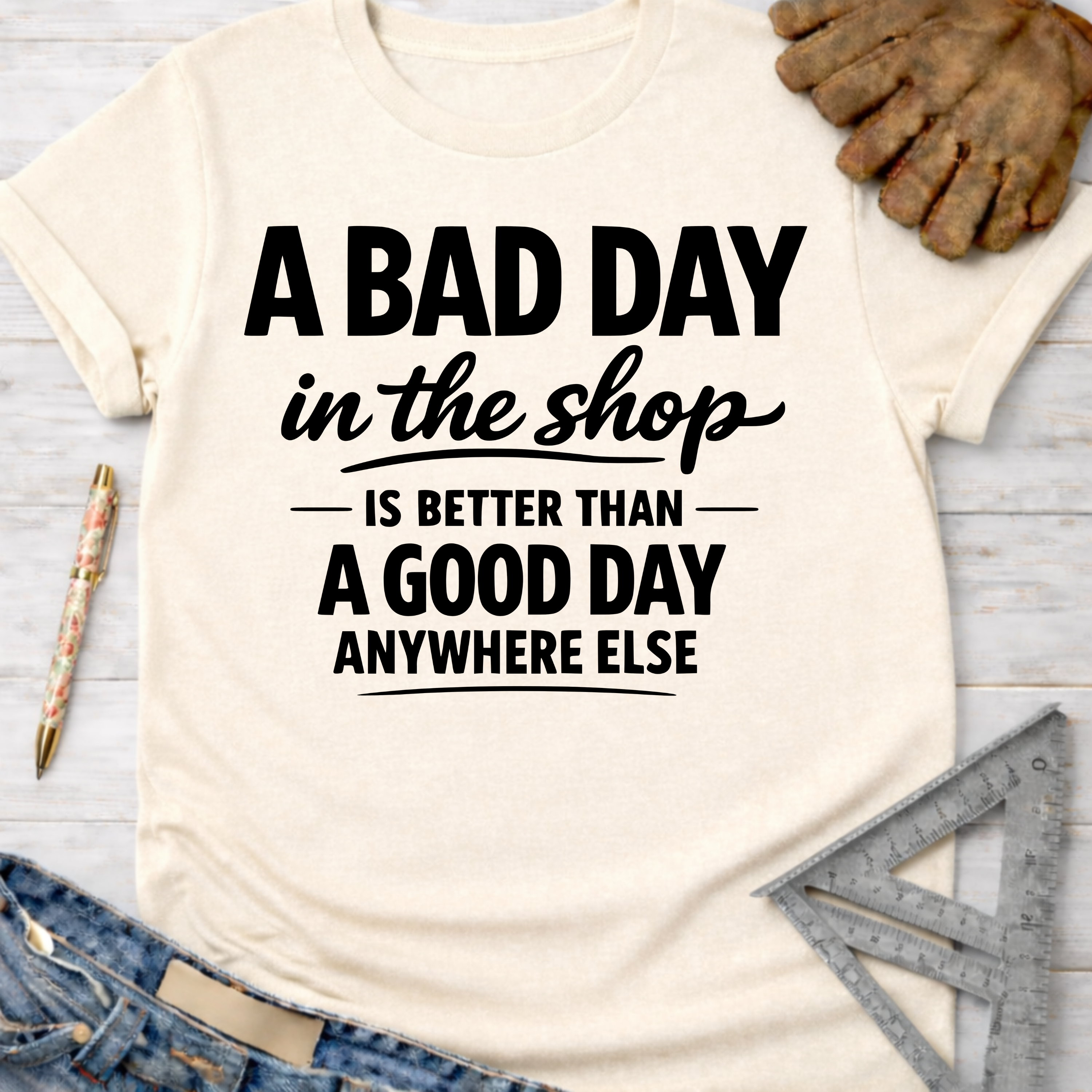 Women's funny woodworking graphic tee shirt for female woodworkers, makers, and DIY builders — Sawdust & Ponytails. Cream t-shirt with "A BAD DAY in the shop IS BETTER THAN A GOOD DAY ANYWHERE ELSE" in black text.