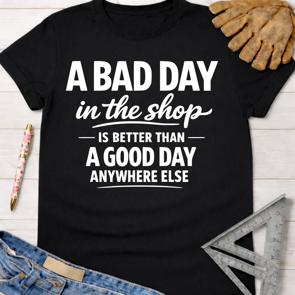 Women's funny woodworking graphic tee shirt for female woodworkers, makers, and DIY builders — Sawdust & Ponytails. Black cotton tee with "A Bad Day in the Shop is Better Than A Good Day Anywhere Else" in white text.