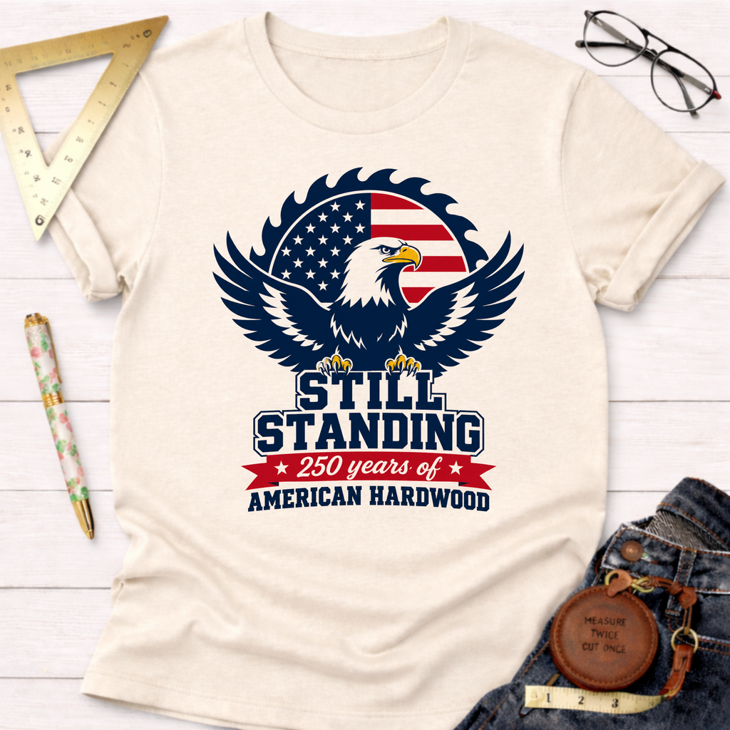 Cream cotton t-shirt with a patriotic bald eagle and saw blade graphic, "Still Standing" text, and "250 Years of American Hardwood.