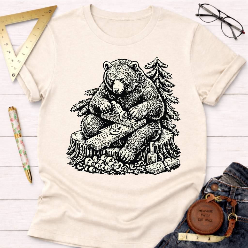 Women's funny woodworking graphic tee shirt for female woodworkers, makers, and DIY builders — Sawdust & Ponytails. Cream cotton t-shirt with a black graphic of a bear planing wood.