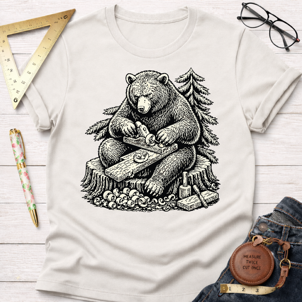 Women's funny woodworking graphic tee shirt for female woodworkers, makers, and DIY builders — Sawdust & Ponytails. Cream t-shirt with a black graphic of a bear planing wood on a tree stump.