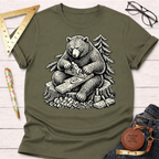 Olive green women's funny woodworking graphic tee shirt for female woodworkers, makers, and DIY builders — Sawdust & Ponytails, featuring a bear planing wood.