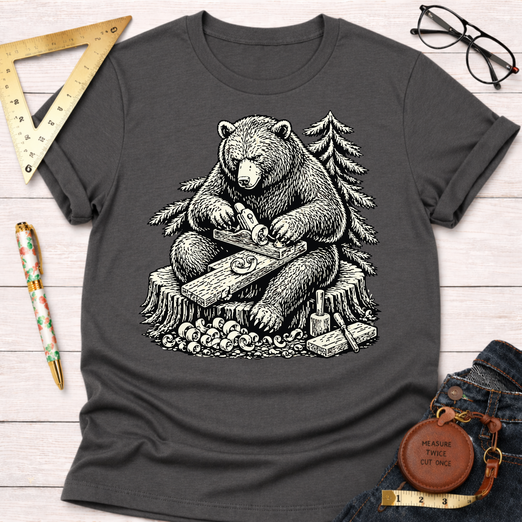 Women's funny woodworking graphic tee shirt for female woodworkers, makers, and DIY builders — Sawdust & Ponytails. Dark gray cotton tee with a bear hand planing wood on a tree stump.