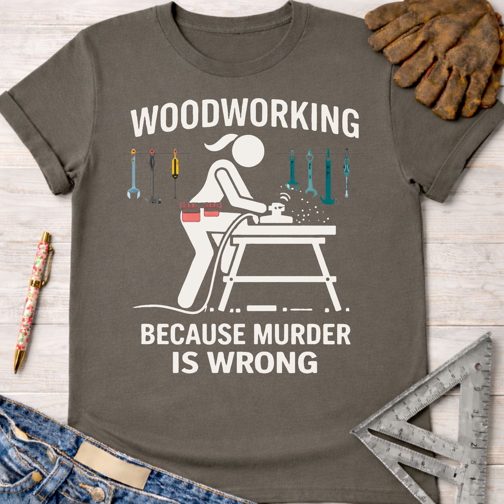 Women's funny woodworking graphic tee shirt for female woodworkers, makers, and DIY builders — Sawdust & Ponytails. Dark gray cotton tee with a white graphic of a woman sanding wood and text "Woodworking Because Murder Is Wrong.