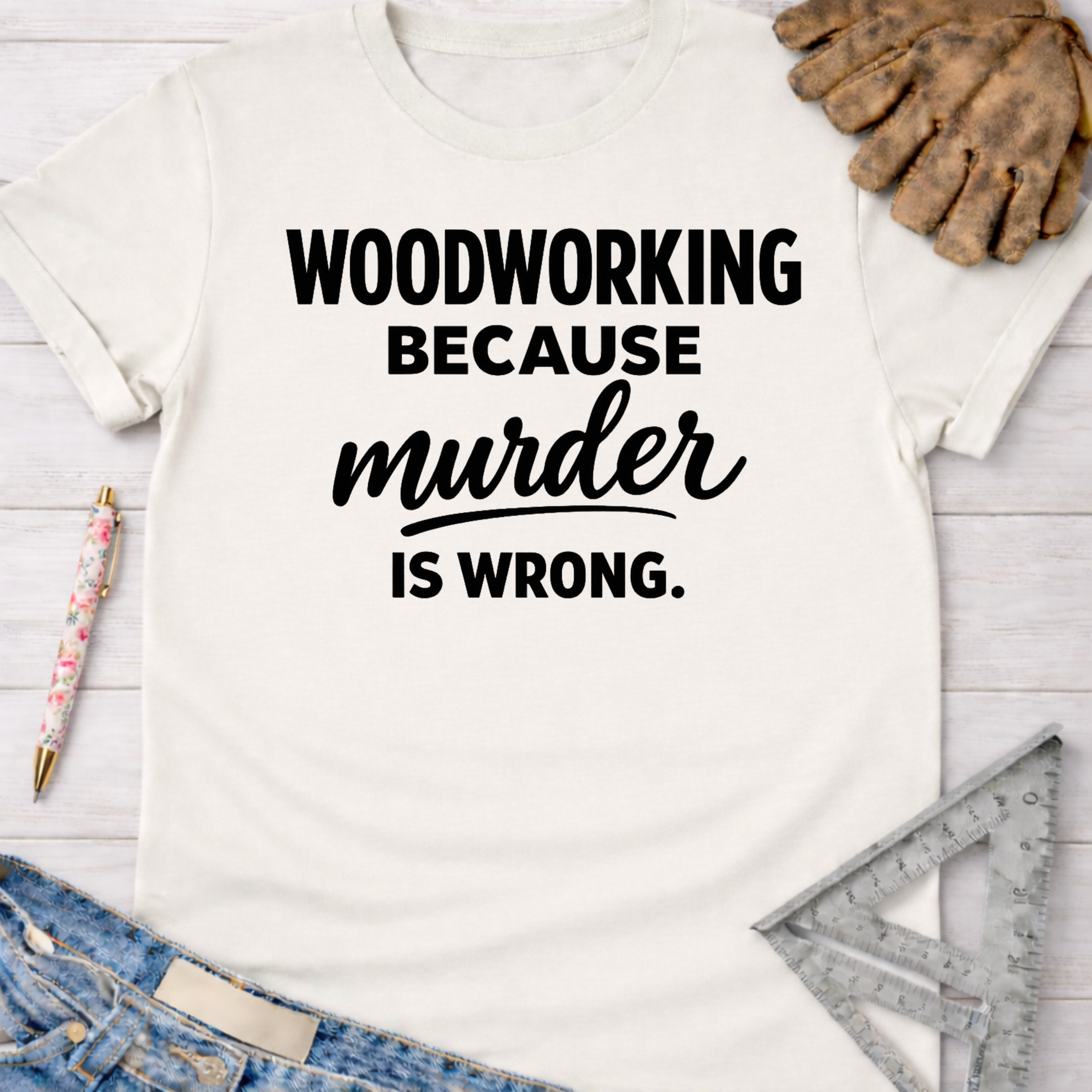 Women's funny woodworking graphic tee shirt for female woodworkers, makers, and DIY builders — Sawdust & Ponytails. White cotton tee with "Woodworking Because Murder Is Wrong" in black text.