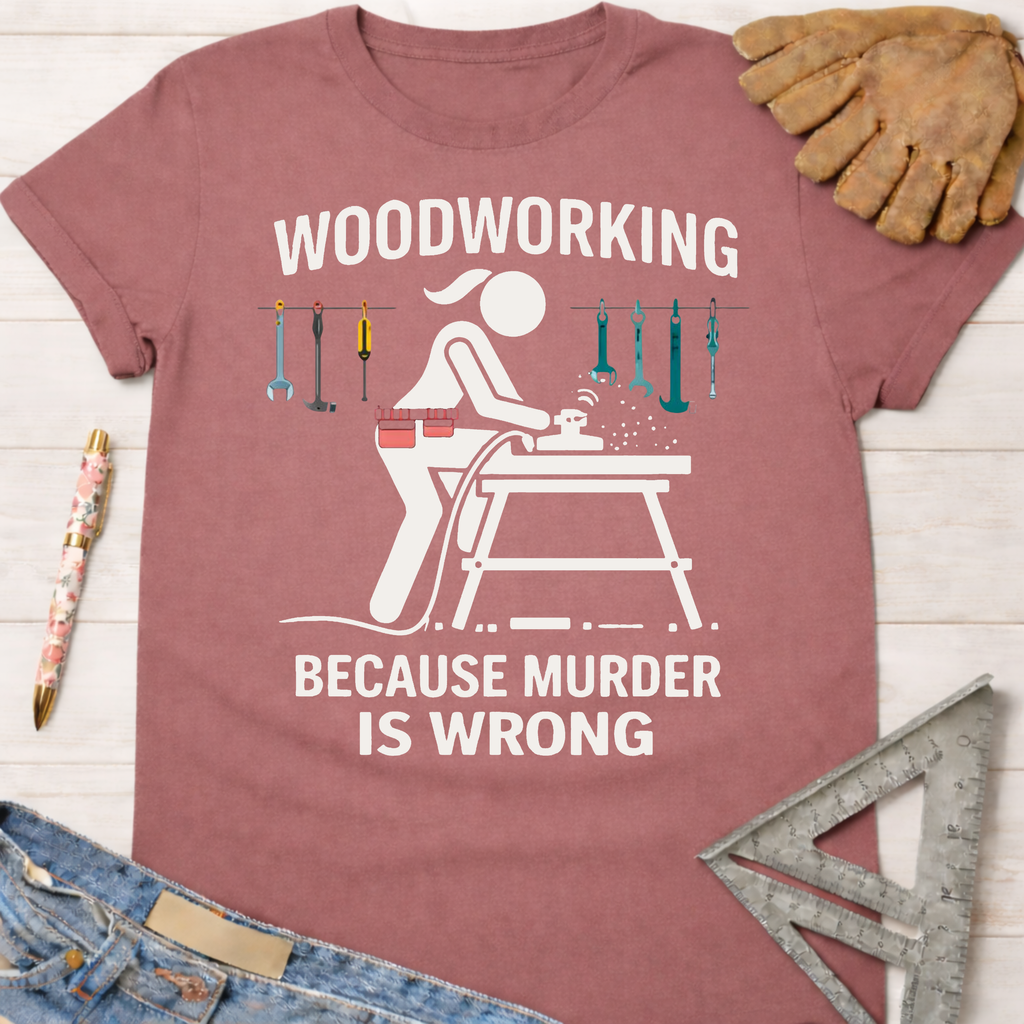 Women's funny woodworking graphic tee shirt for female woodworkers, makers, and DIY builders — Sawdust & Ponytails. Mauve short-sleeve tee with "Woodworking Because Murder is Wrong" graphic.
