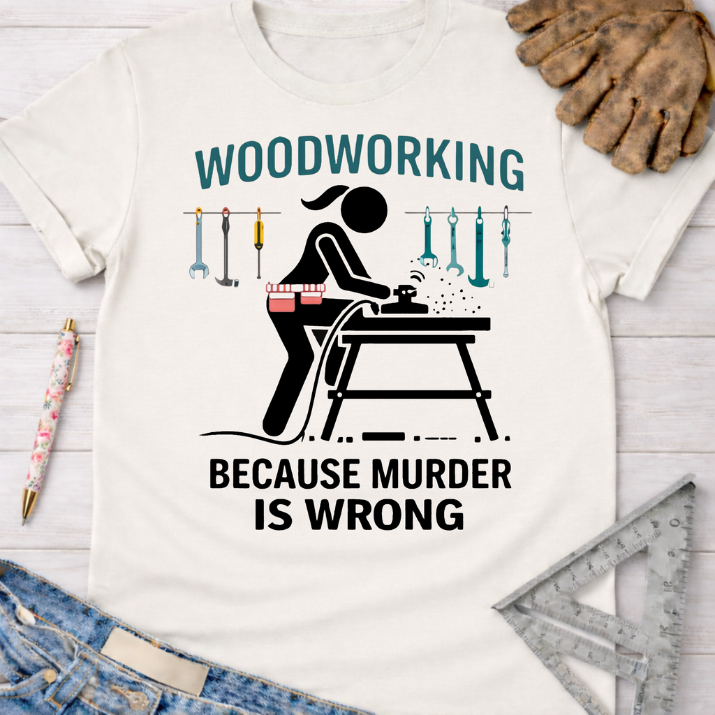 Women's funny woodworking graphic tee shirt for female woodworkers, makers, and DIY builders — Sawdust & Ponytails. White cotton tee with black graphic of a woman sanding wood, "Woodworking Because Murder is Wrong" text.