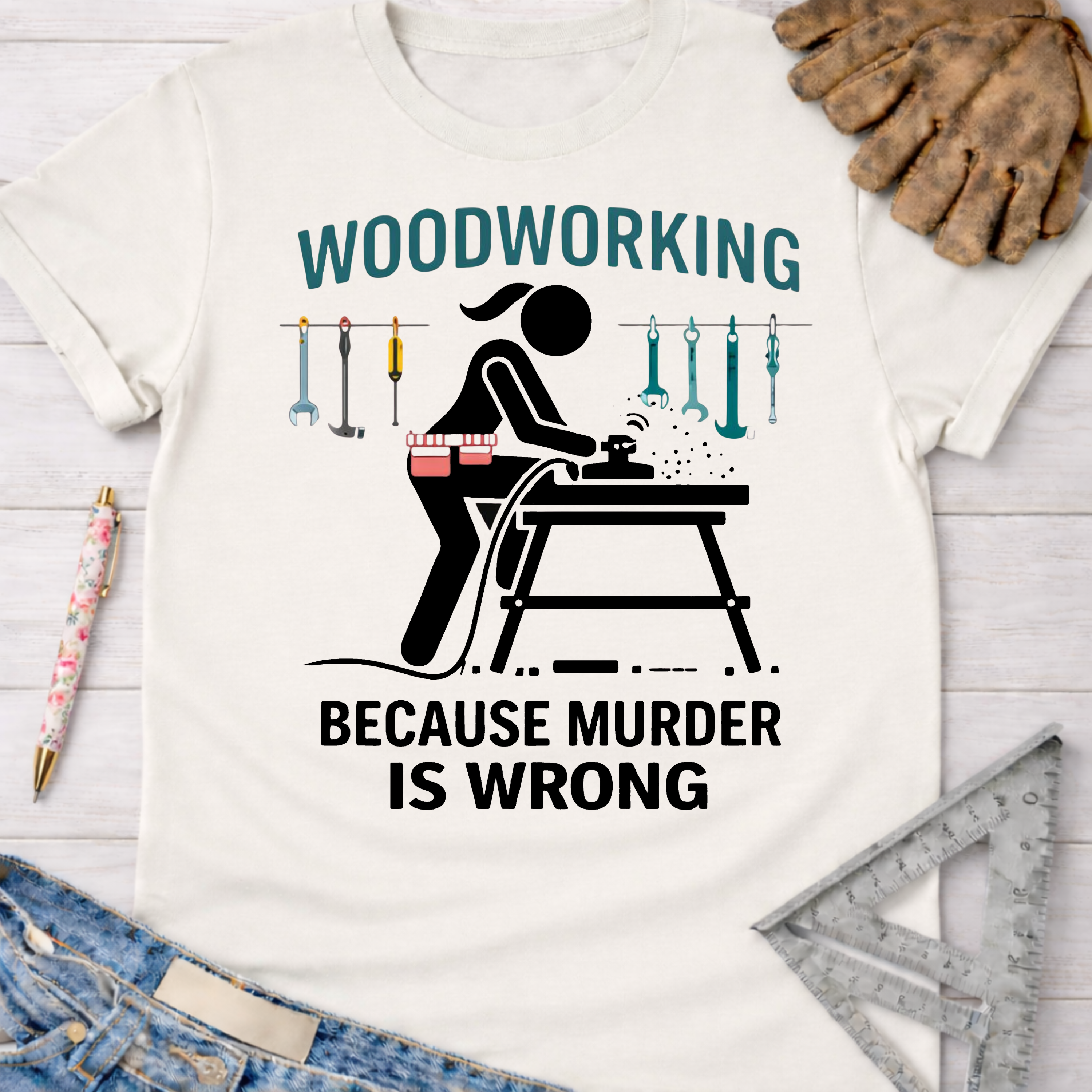 Women's funny woodworking graphic tee shirt for female woodworkers, makers, and DIY builders — Sawdust & Ponytails. White cotton tee with black graphic of a woman sanding wood, "Woodworking Because Murder is Wrong" text.