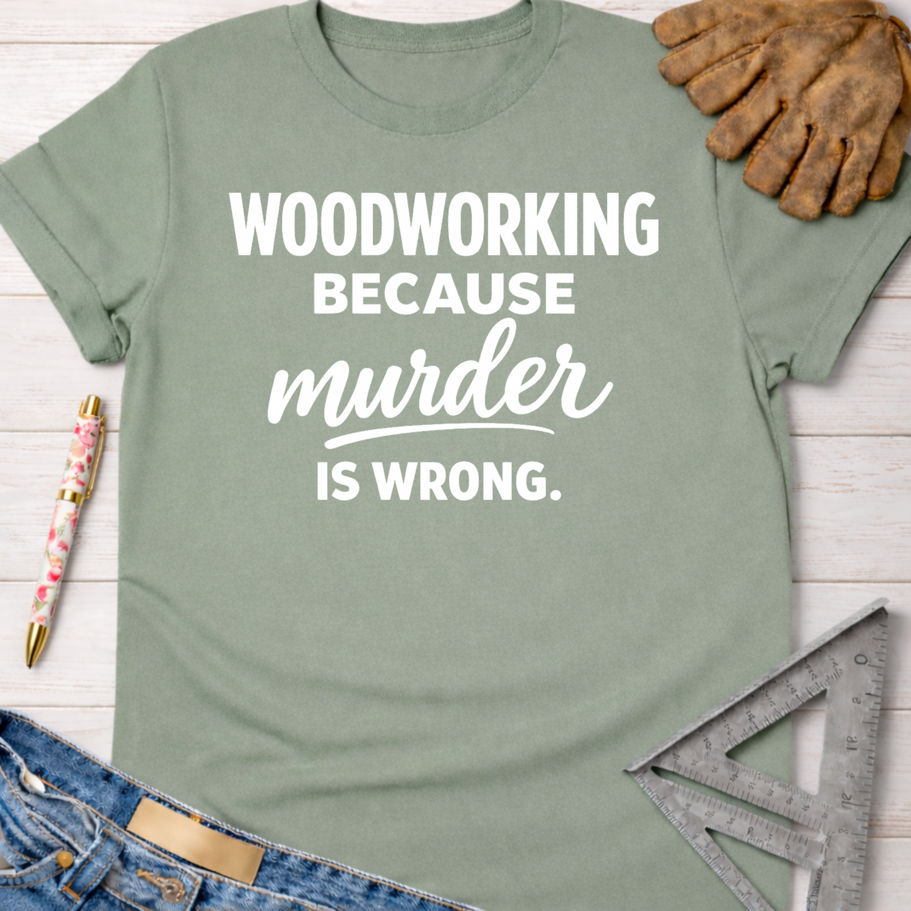 Women's funny woodworking graphic tee shirt for female woodworkers, makers, and DIY builders — Sawdust & Ponytails. Sage green t-shirt with "Woodworking Because Murder Is Wrong" in white text.
