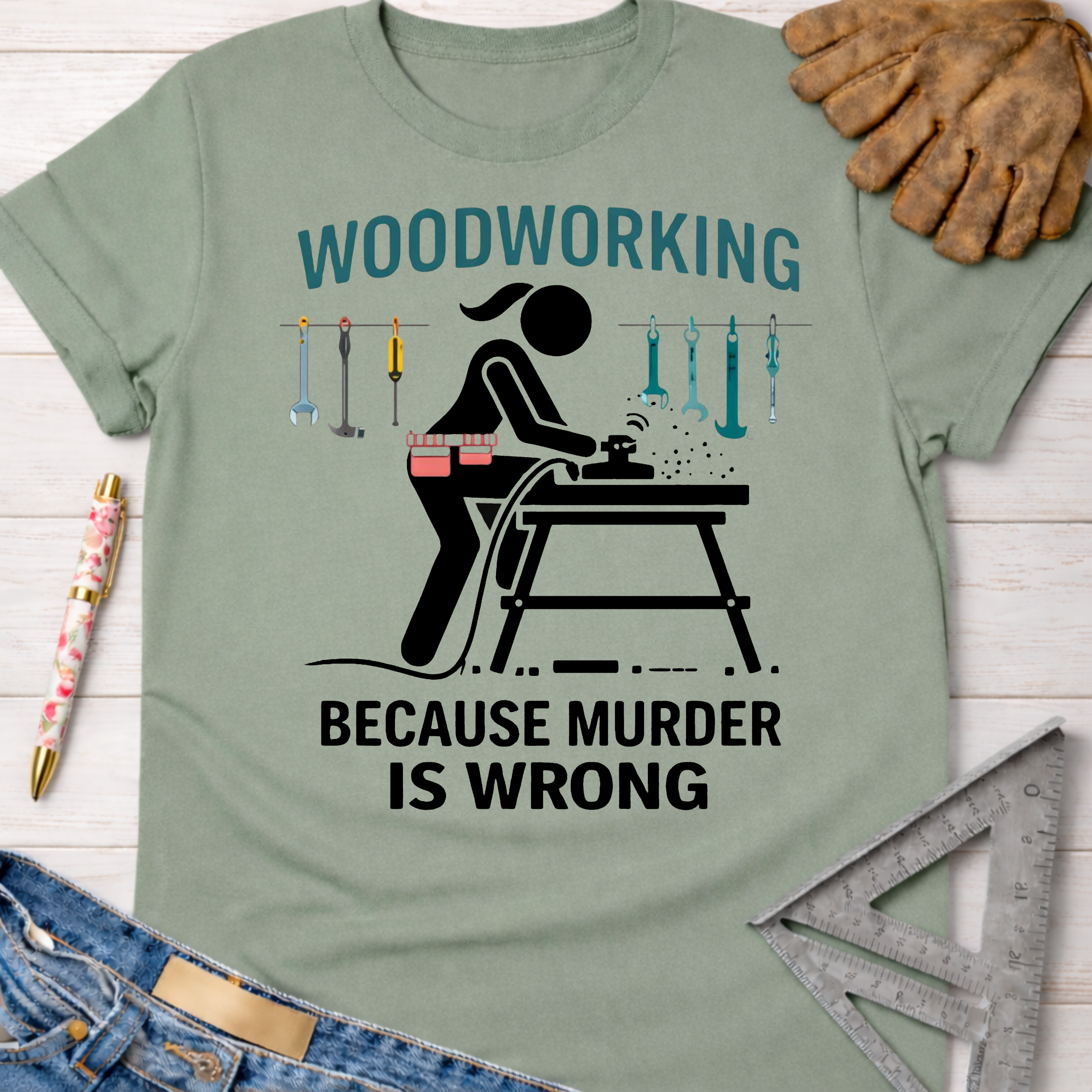 Women's funny woodworking graphic tee shirt for female woodworkers, makers, and DIY builders — Sawdust & Ponytails. Sage green cotton tee with "Woodworking Because Murder Is Wrong" graphic.
