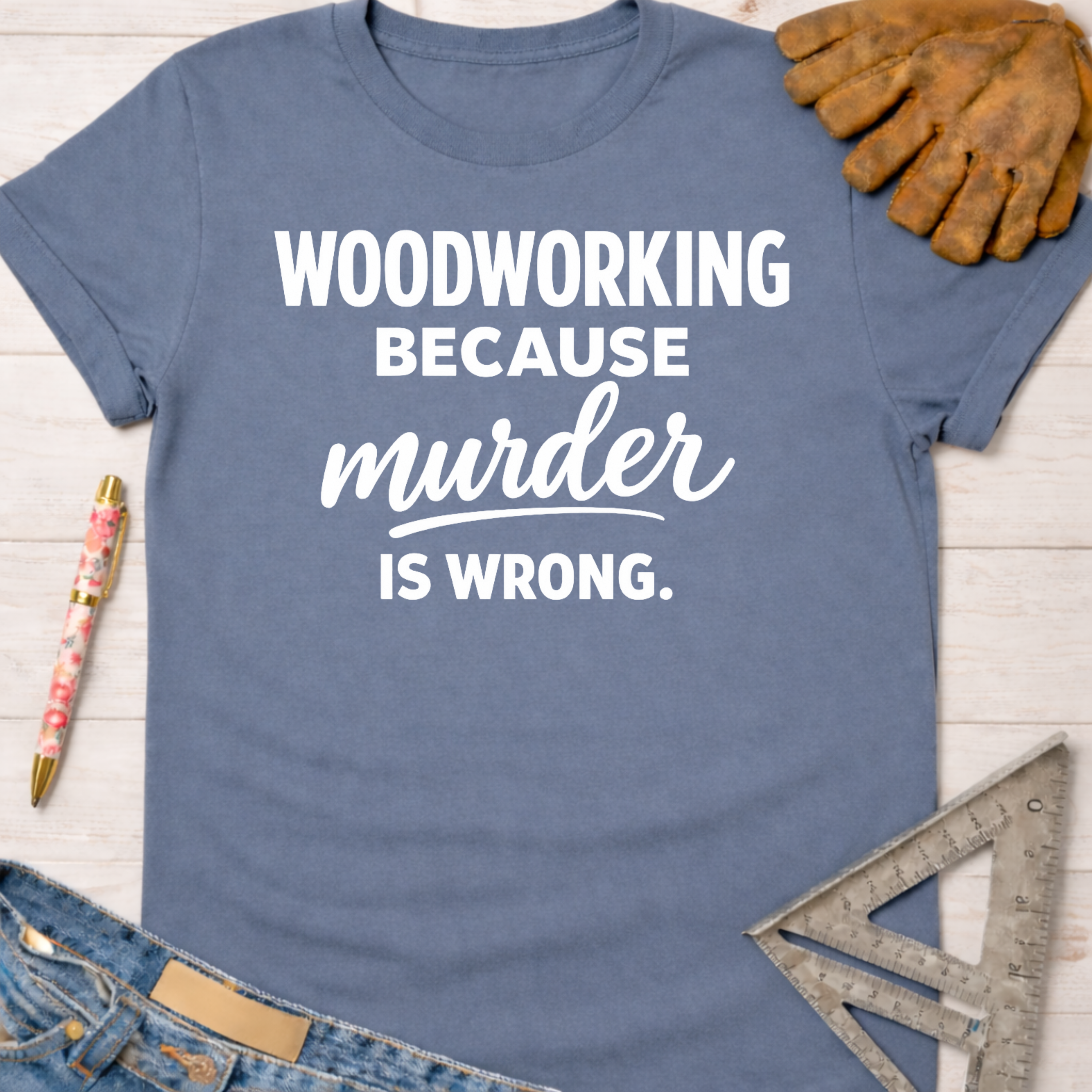 Women's funny woodworking graphic tee shirt for female woodworkers, makers, and DIY builders — Sawdust & Ponytails. Blue short-sleeve tee with "Woodworking Because Murder Is Wrong" in white text.