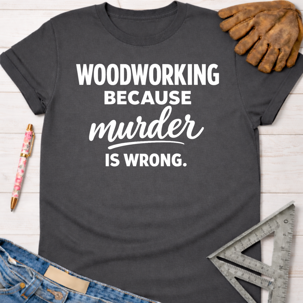 Women's funny woodworking graphic tee shirt for female woodworkers, makers, and DIY builders — Sawdust & Ponytails. Dark gray tee with "Woodworking Because Murder Is Wrong" in white text.