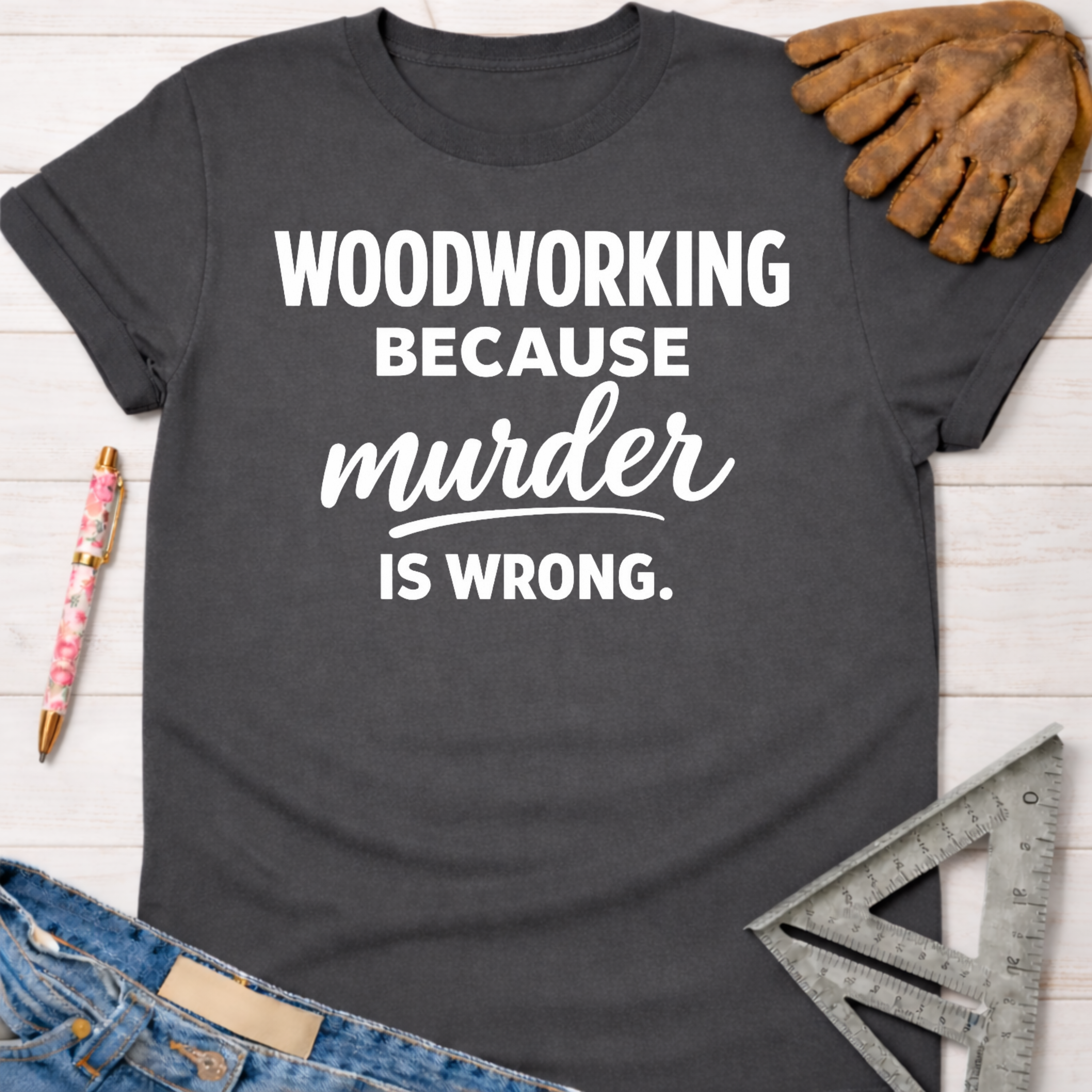Women's funny woodworking graphic tee shirt for female woodworkers, makers, and DIY builders — Sawdust & Ponytails. Dark gray tee with "Woodworking Because Murder Is Wrong" in white text.