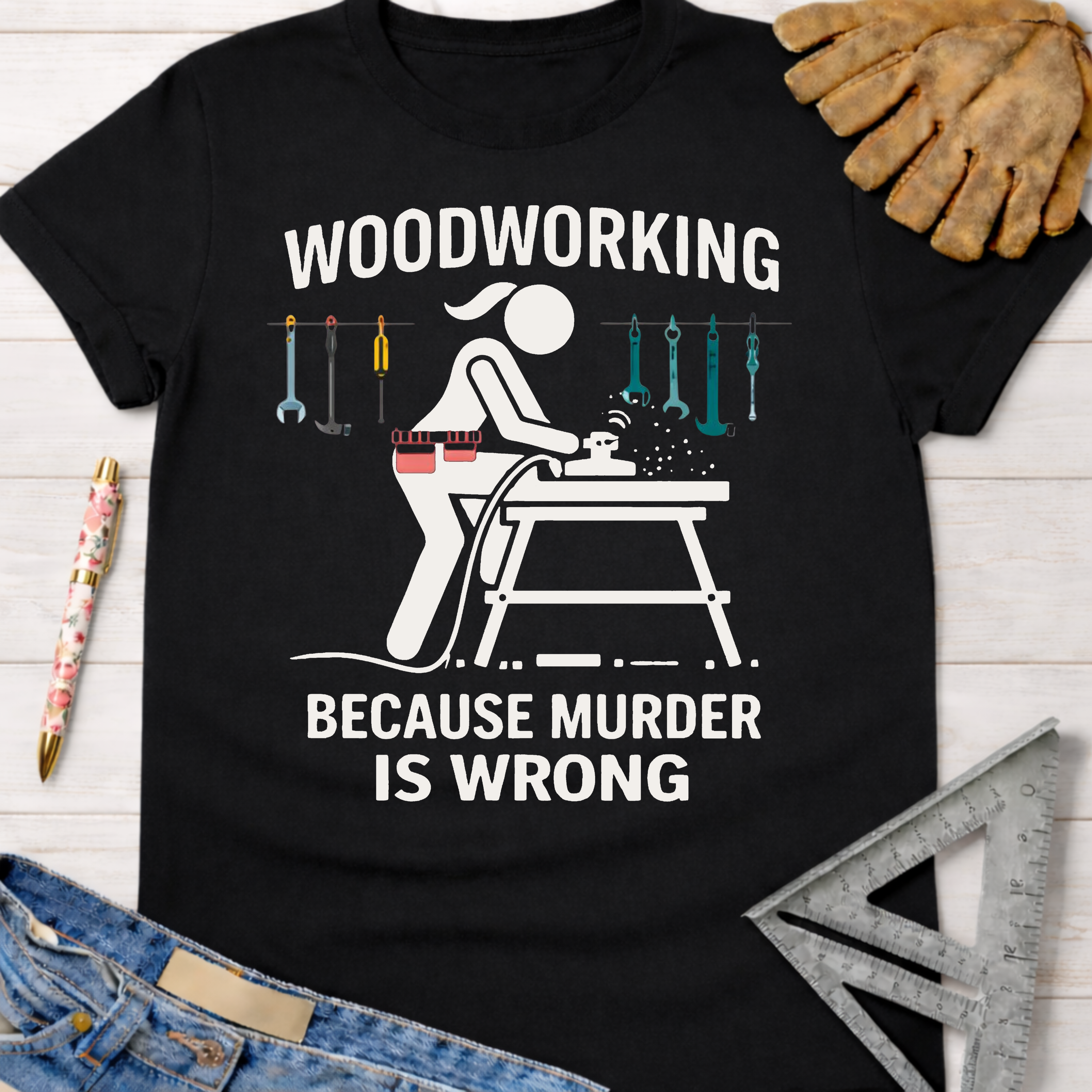 Black cotton women's funny woodworking graphic tee shirt for female woodworkers, makers, and DIY builders — Sawdust & Ponytails