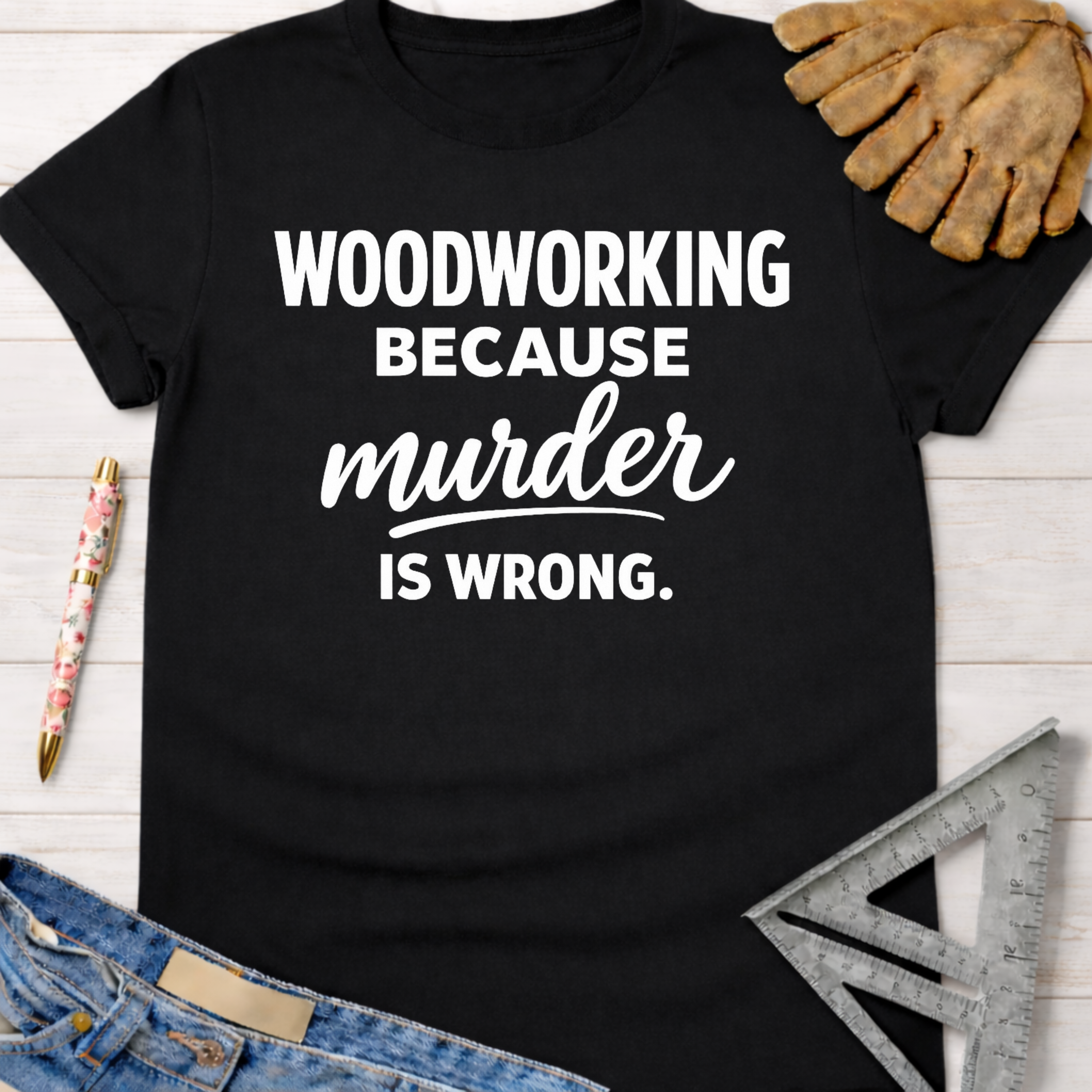Black women's funny woodworking graphic tee with "Woodworking Because Murder Is Wrong" text. Sawdust & Ponytails.