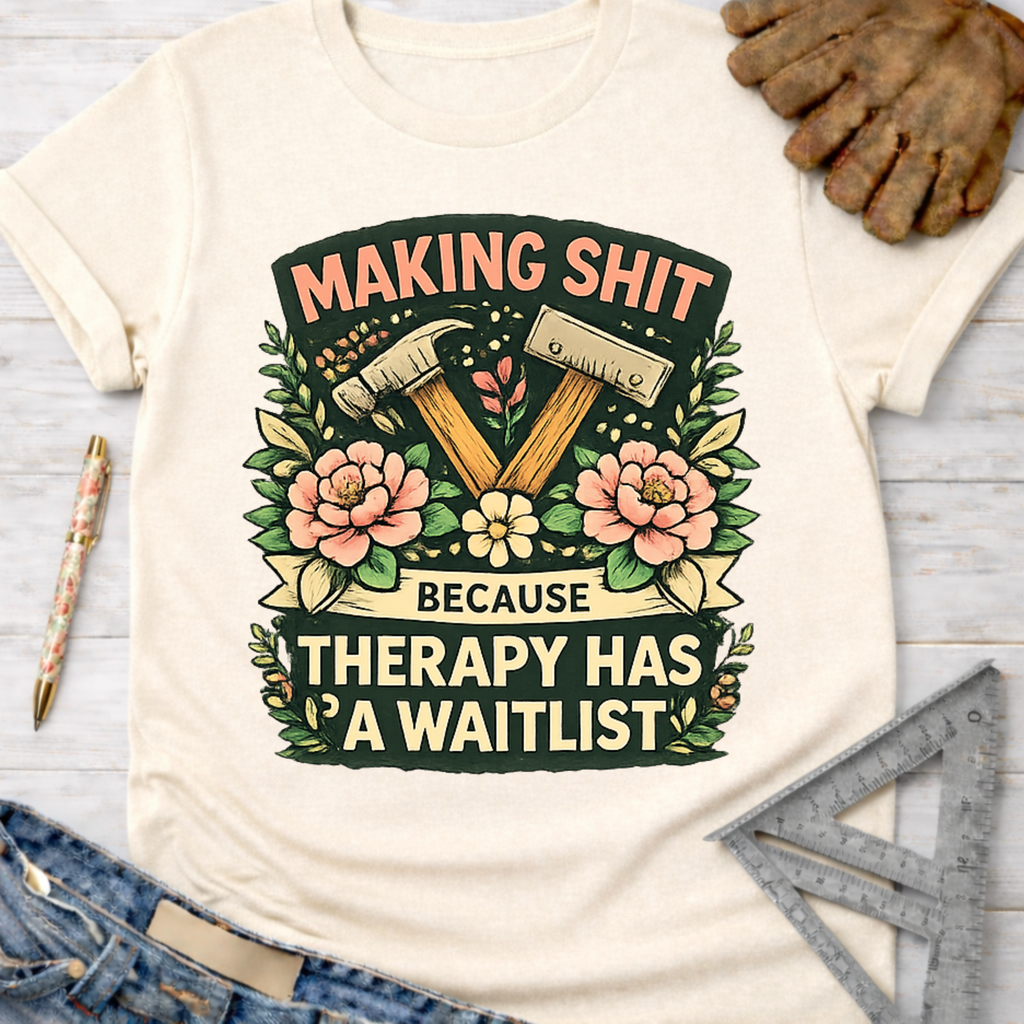 Women's funny woodworking graphic tee shirt for female woodworkers, makers, and DIY builders — Sawdust & Ponytails. Cream t-shirt with "Making Shit Because Therapy Has A Waitlist" graphic featuring hammers and flowers.