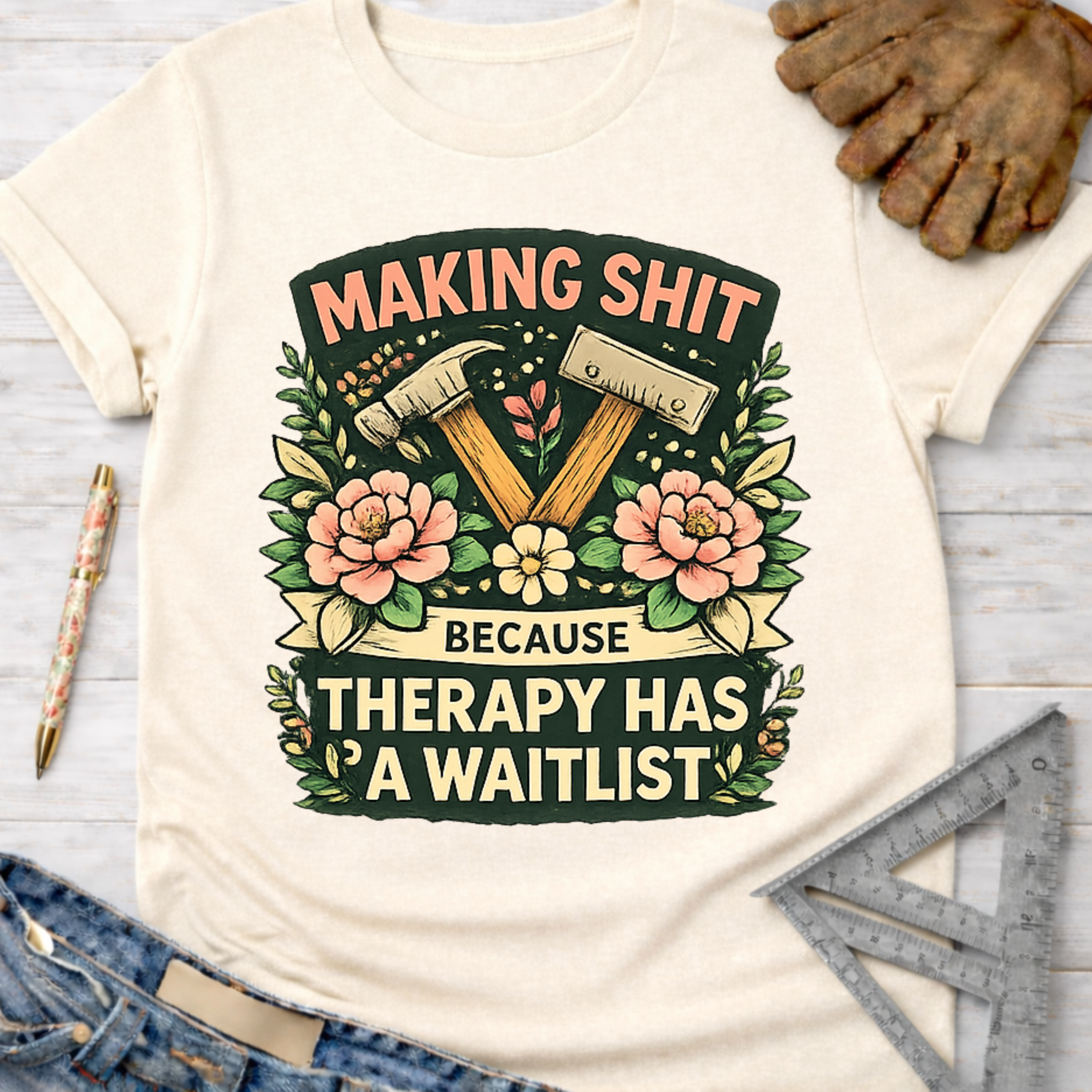 Women's funny woodworking graphic tee shirt for female woodworkers, makers, and DIY builders — Sawdust & Ponytails. Cream t-shirt with "Making Shit Because Therapy Has A Waitlist" graphic featuring hammers and flowers.
