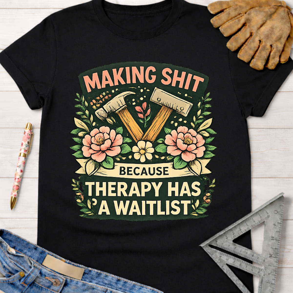 Women's funny woodworking graphic tee shirt for female woodworkers, makers, and DIY builders — Sawdust & Ponytails. Black cotton tee with "Making Shit Because Therapy Has A Waitlist" graphic featuring hammers and pink flowers.