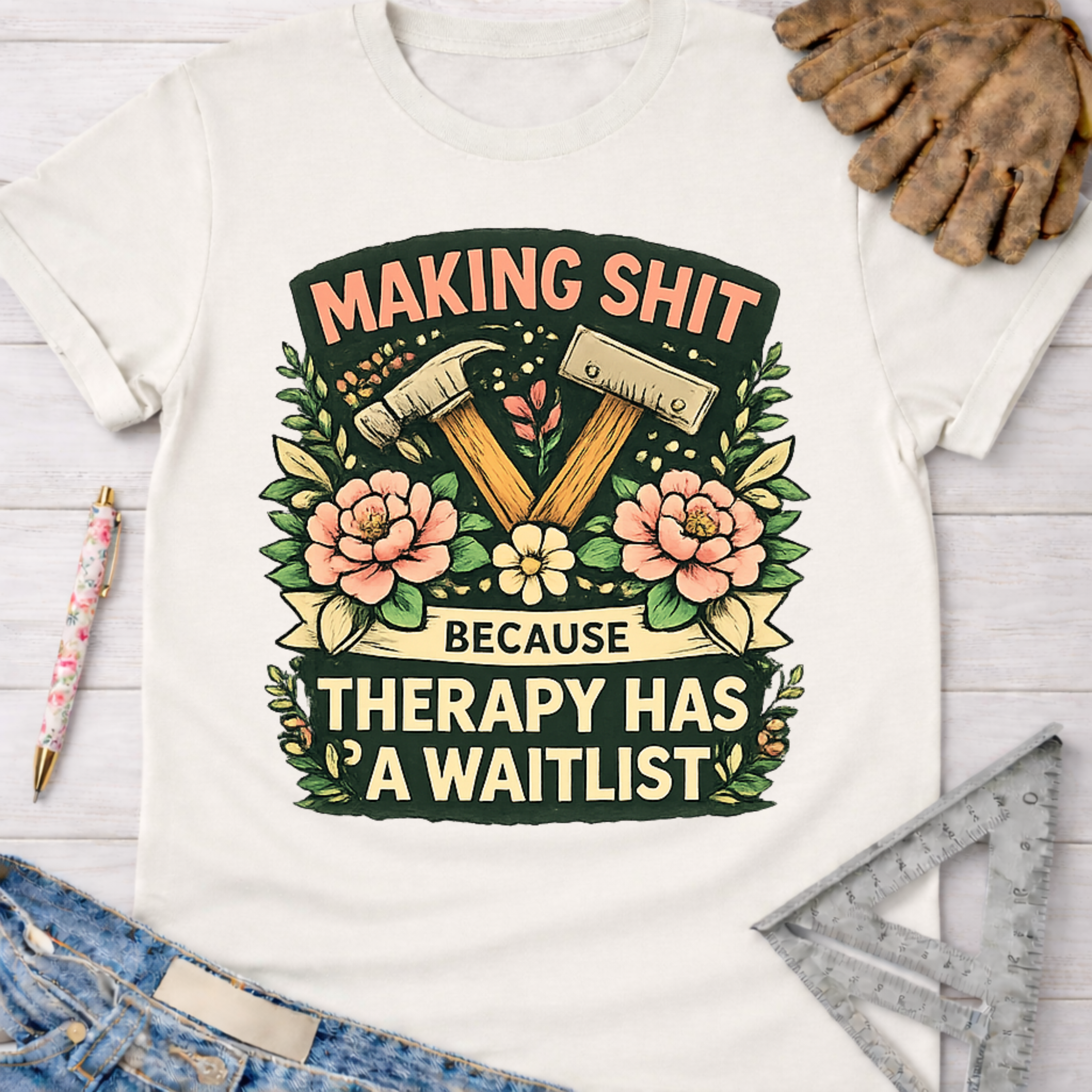 Women's funny woodworking graphic tee shirt for female woodworkers, makers, and DIY builders — Sawdust & Ponytails. White cotton tee with "Making Shit Because Therapy Has A Waitlist" graphic featuring hammers and flowers.