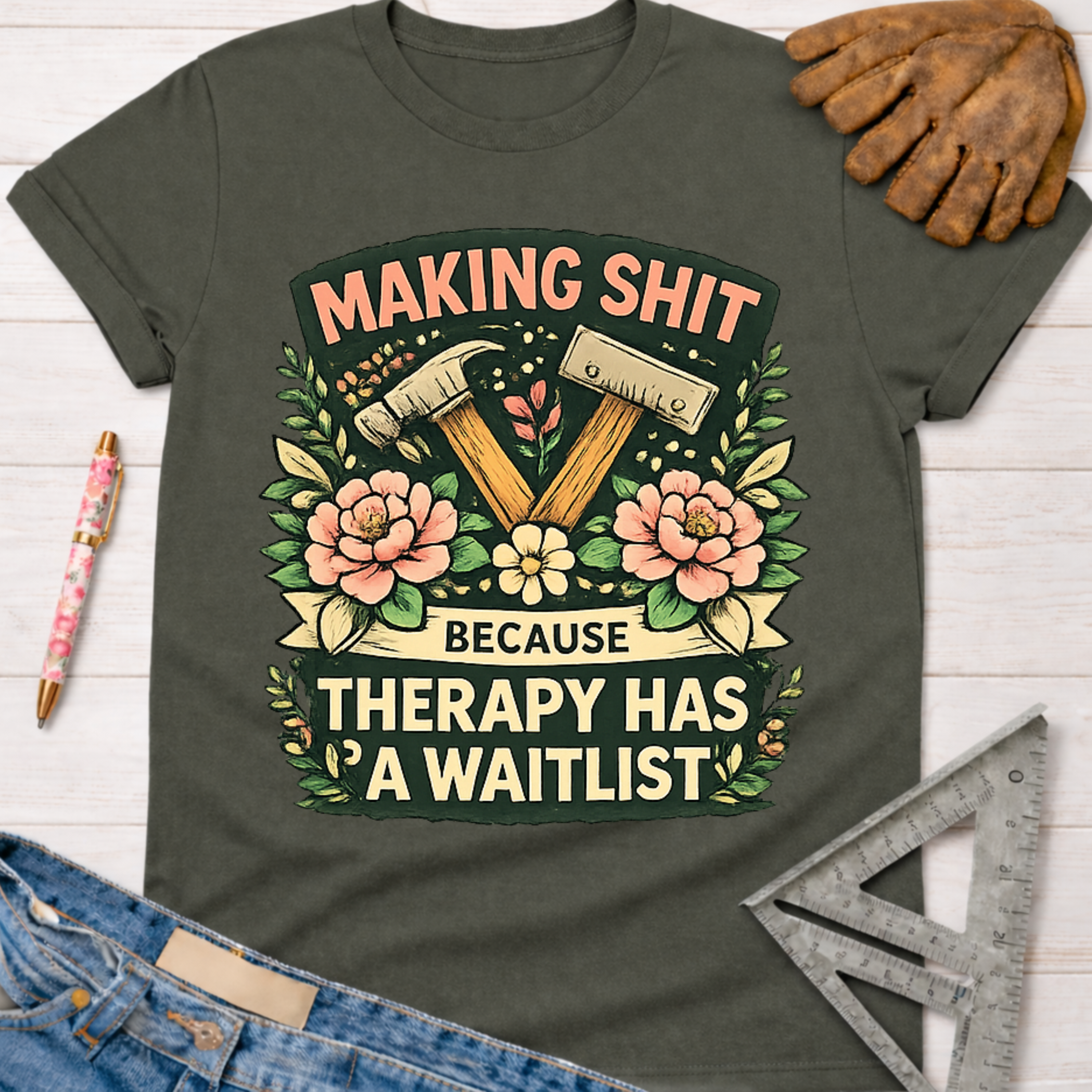 Women's funny woodworking graphic tee shirt for female woodworkers, makers, and DIY builders — Sawdust & Ponytails. Dark gray cotton tee with "Making Shit Because Therapy Has A Waitlist" text, hammers, and pink floral design.