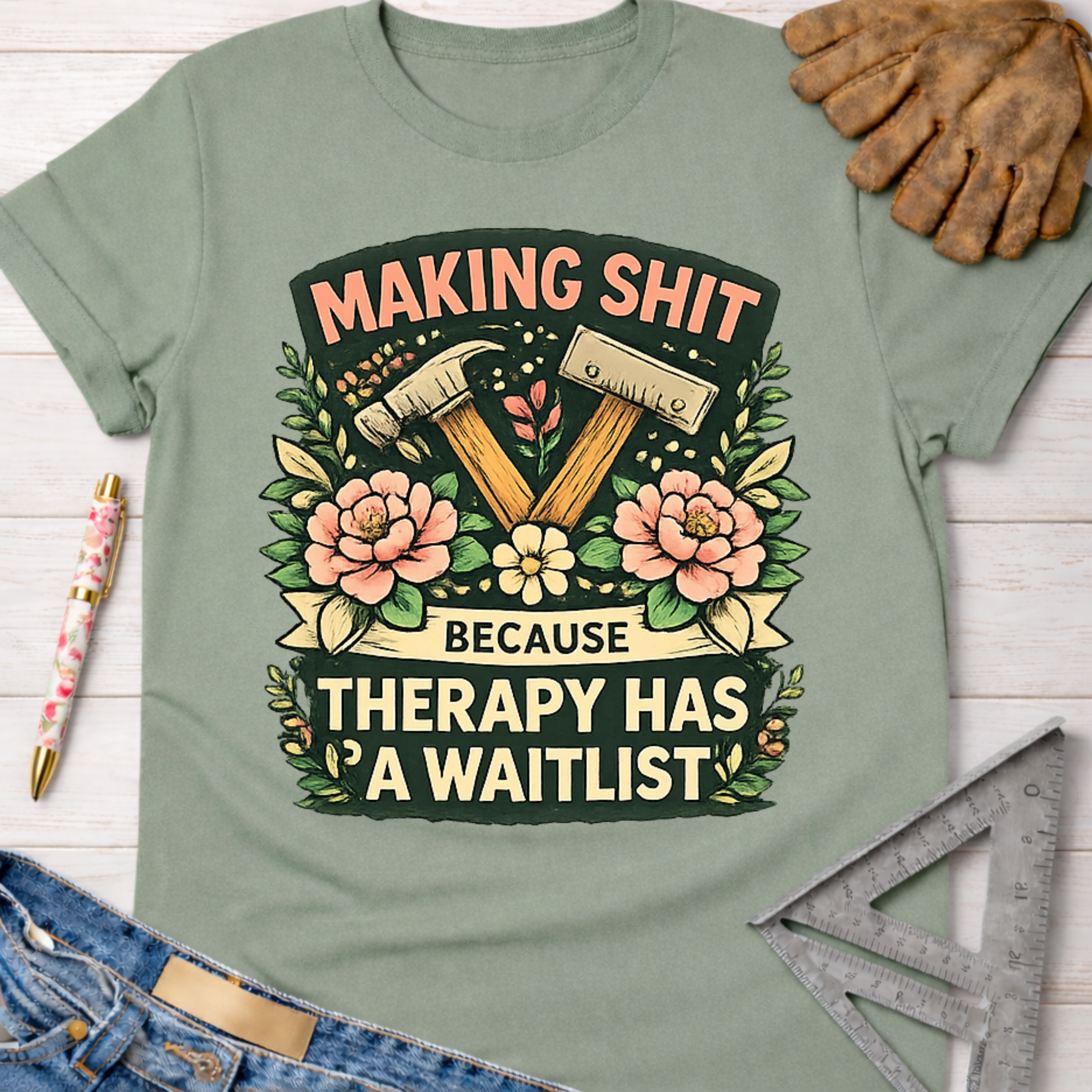 Women's funny woodworking graphic tee shirt for female woodworkers, makers, and DIY builders — Sawdust & Ponytails. Sage green cotton tee with "Making Shit Because Therapy Has A Waitlist" graphic, hammers, and flowers.