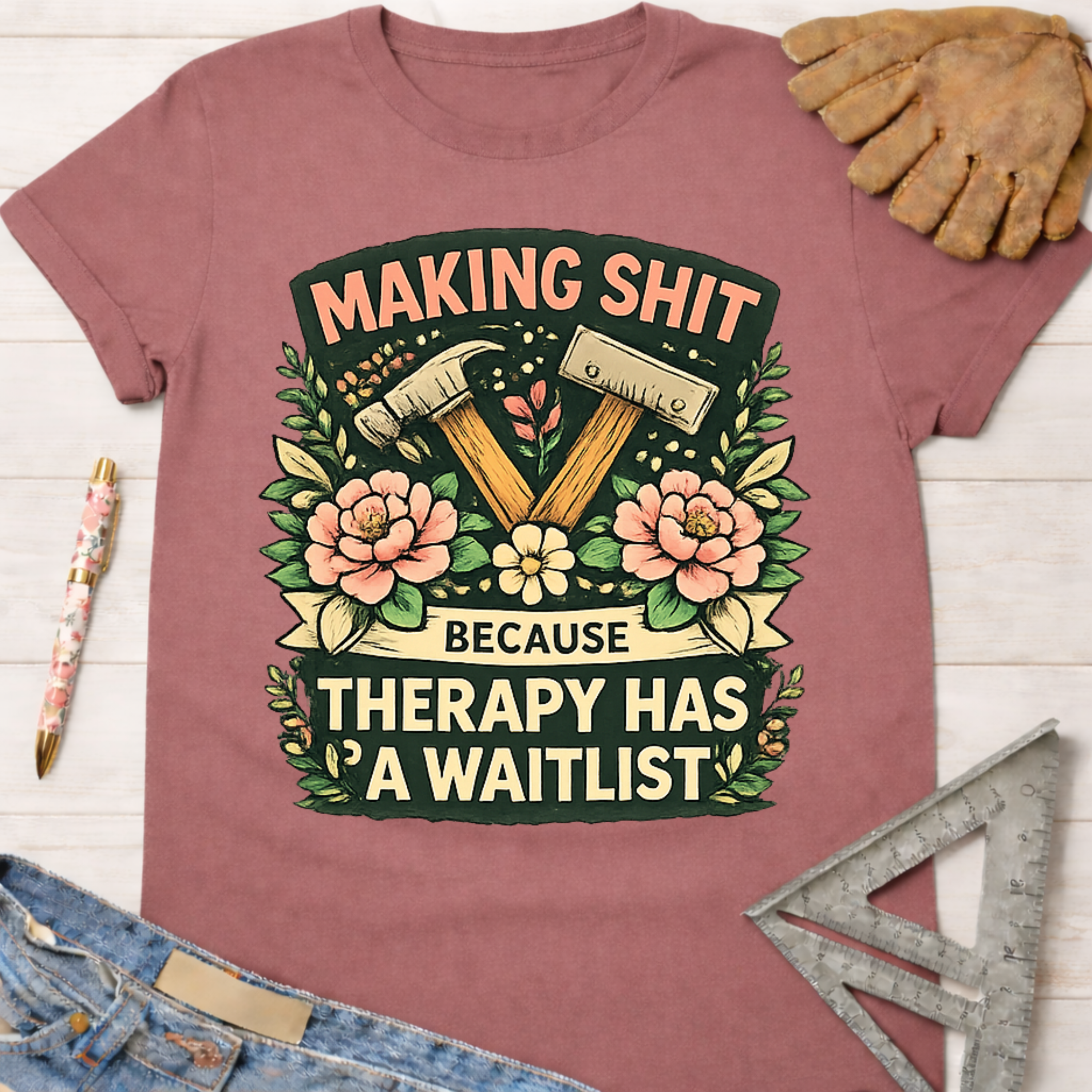 Women's funny woodworking graphic tee shirt for female woodworkers, makers, and DIY builders — Sawdust & Ponytails. Mauve cotton tee with "Making Shit Because Therapy Has A Waitlist" graphic featuring hammers and flowers.