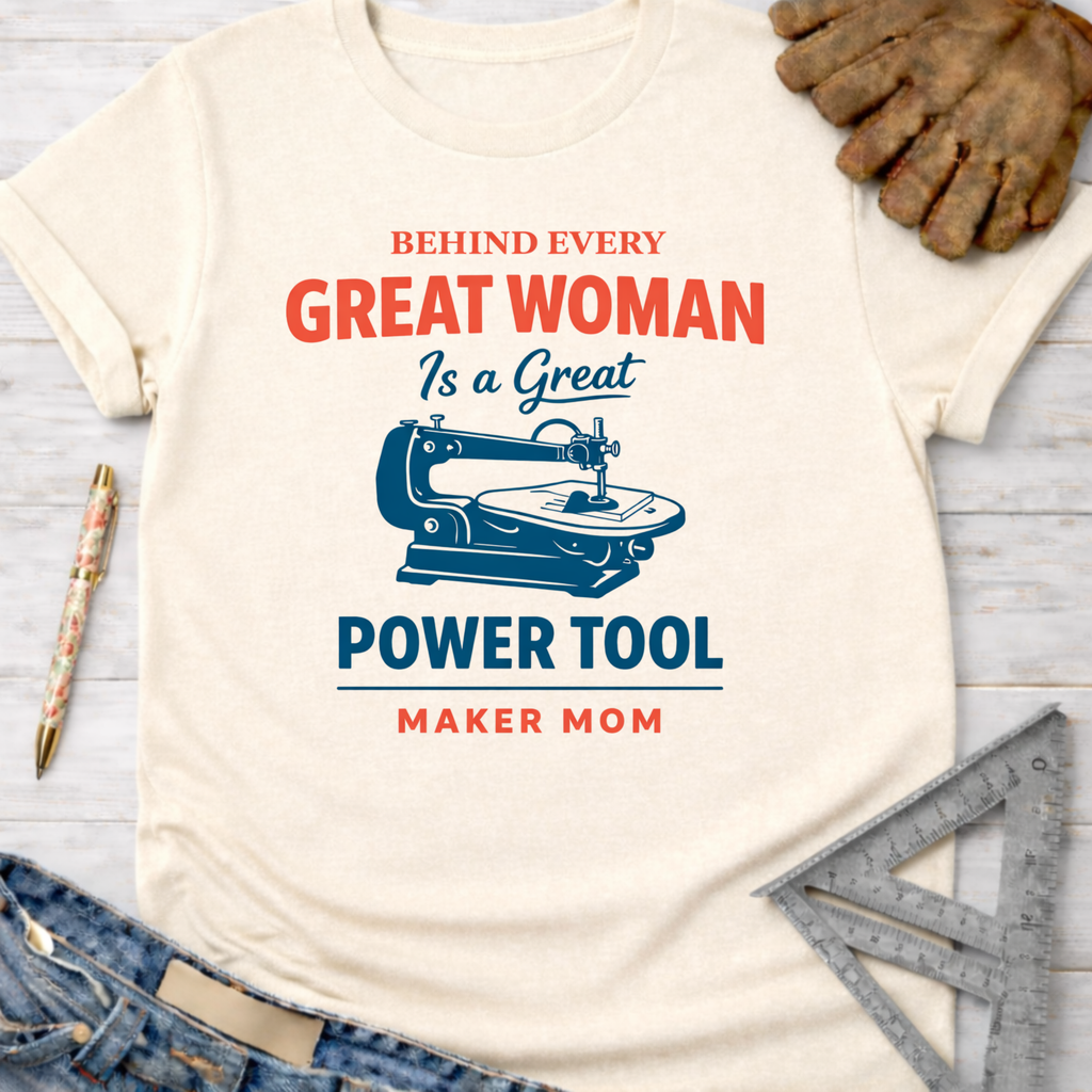 Women's funny woodworking graphic tee shirt for female woodworkers, makers, and DIY builders — Sawdust & Ponytails. Cream t-shirt with "Behind Every Great Woman Is a Great Power Tool" graphic.