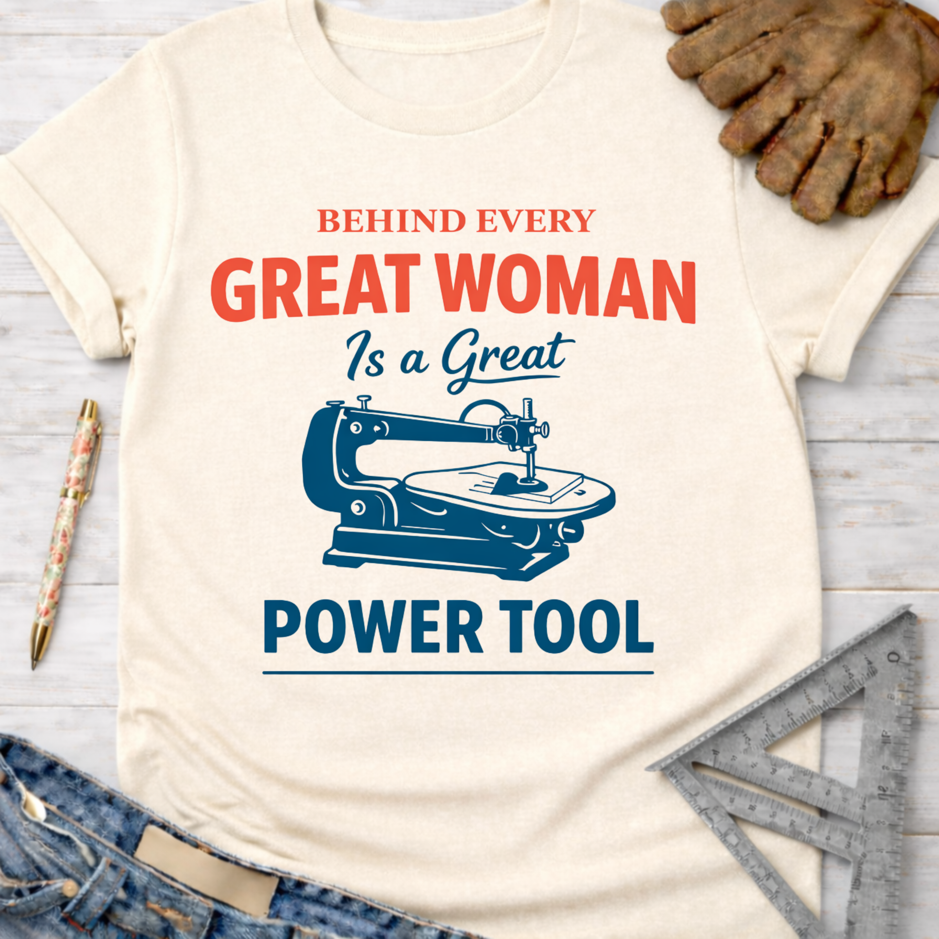 Women's funny woodworking graphic tee shirt for female woodworkers, makers, and DIY builders — Sawdust & Ponytails. Cream t-shirt with "Behind Every Great Woman Is a Great Power Tool" text and scroll saw graphic.