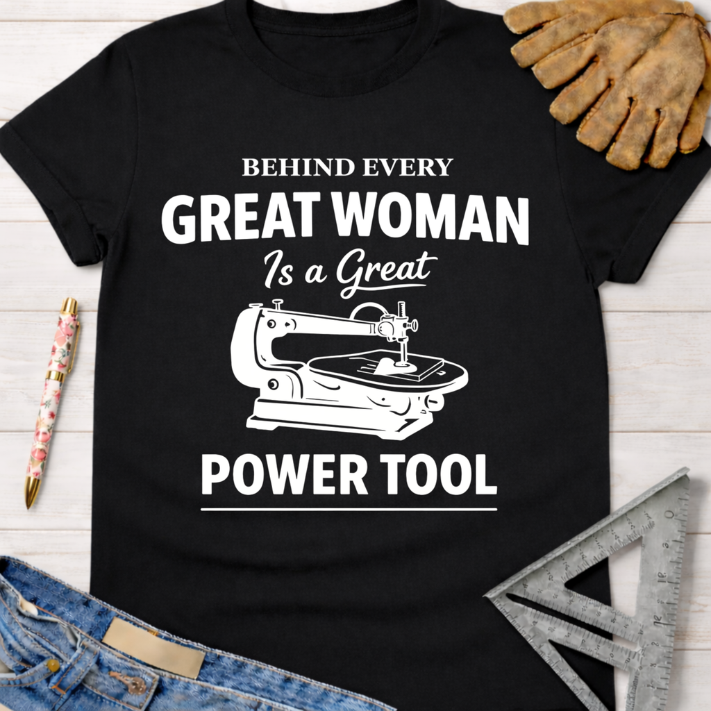 Black cotton tee with "Behind Every Great Woman Is a Great Power Tool" text and a sewing machine graphic. Women's funny woodworking graphic tee shirt for female woodworkers, makers, and DIY builders — Sawdust & Ponytails.