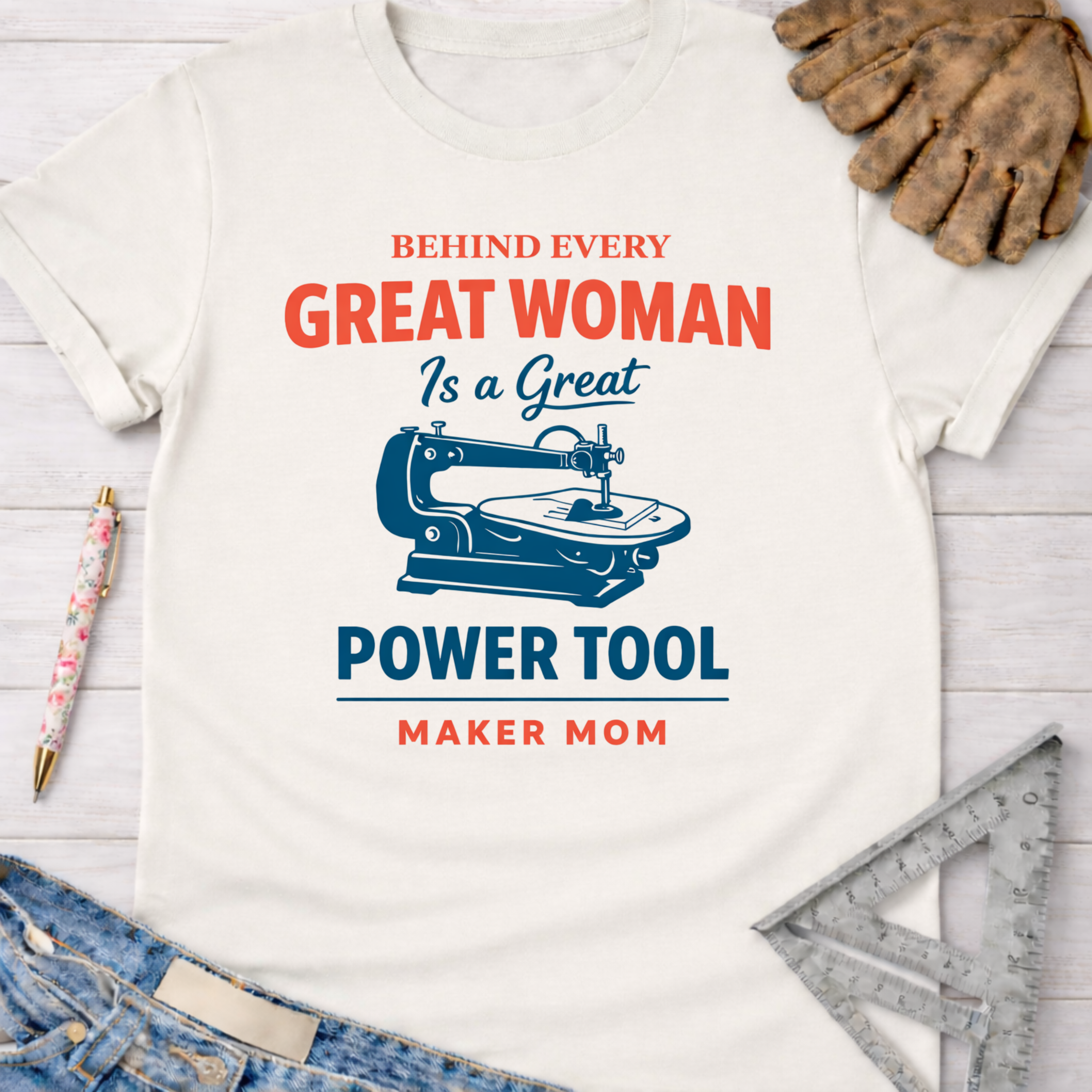 Women's funny woodworking graphic tee shirt for female woodworkers, makers, and DIY builders — Sawdust & Ponytails. White cotton tee with "Behind Every Great Woman Is a Great Power Tool Maker Mom" graphic featuring a scroll saw.