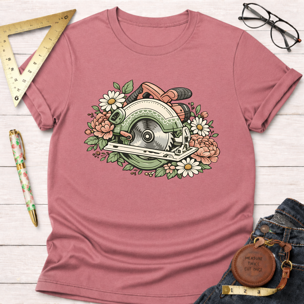 Dusty rose t-shirt with a floral circular saw graphic, styled with jeans, glasses, and a ruler.