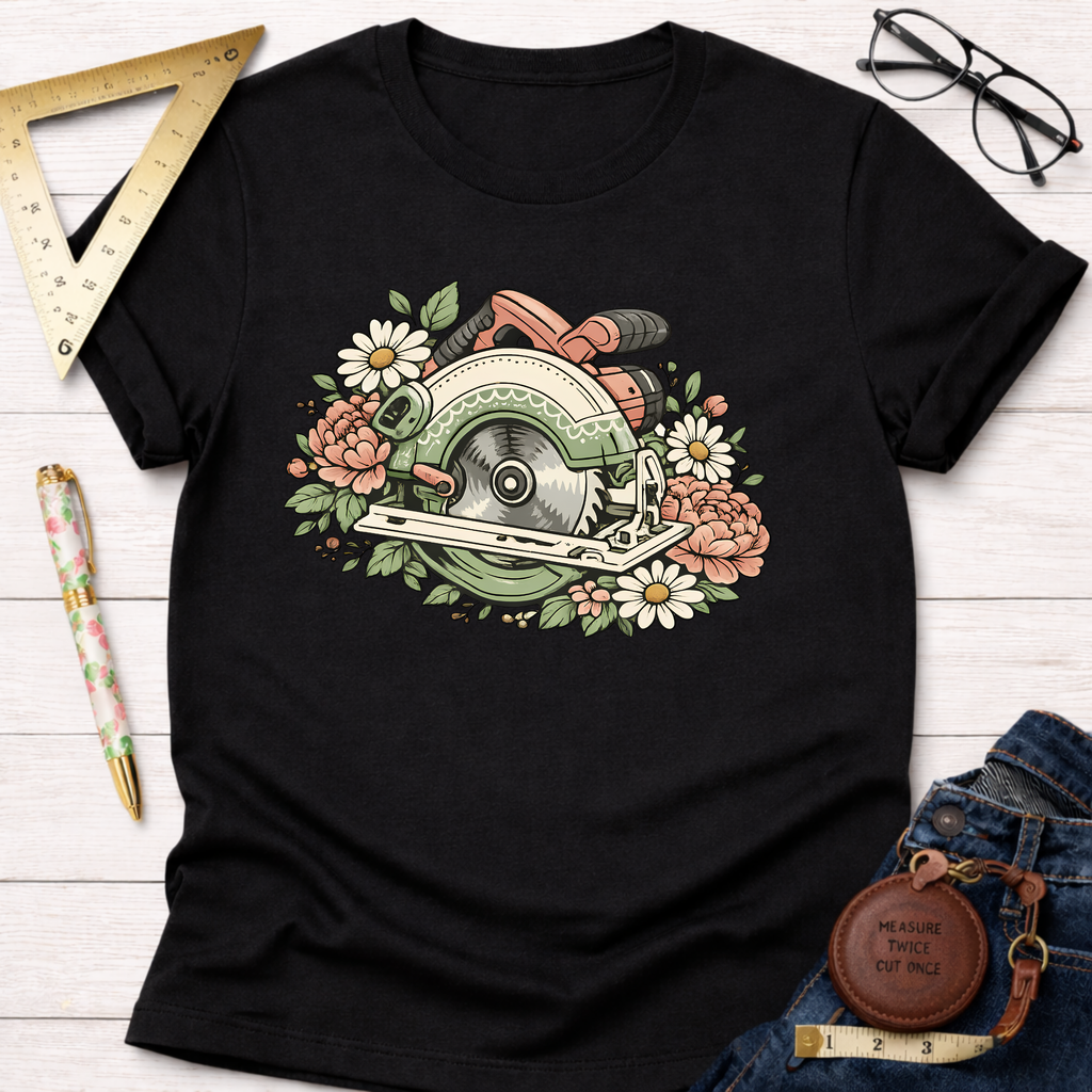 Black Bloom & Blade T-shirt with a floral circular saw graphic, surrounded by daisies and peonies.