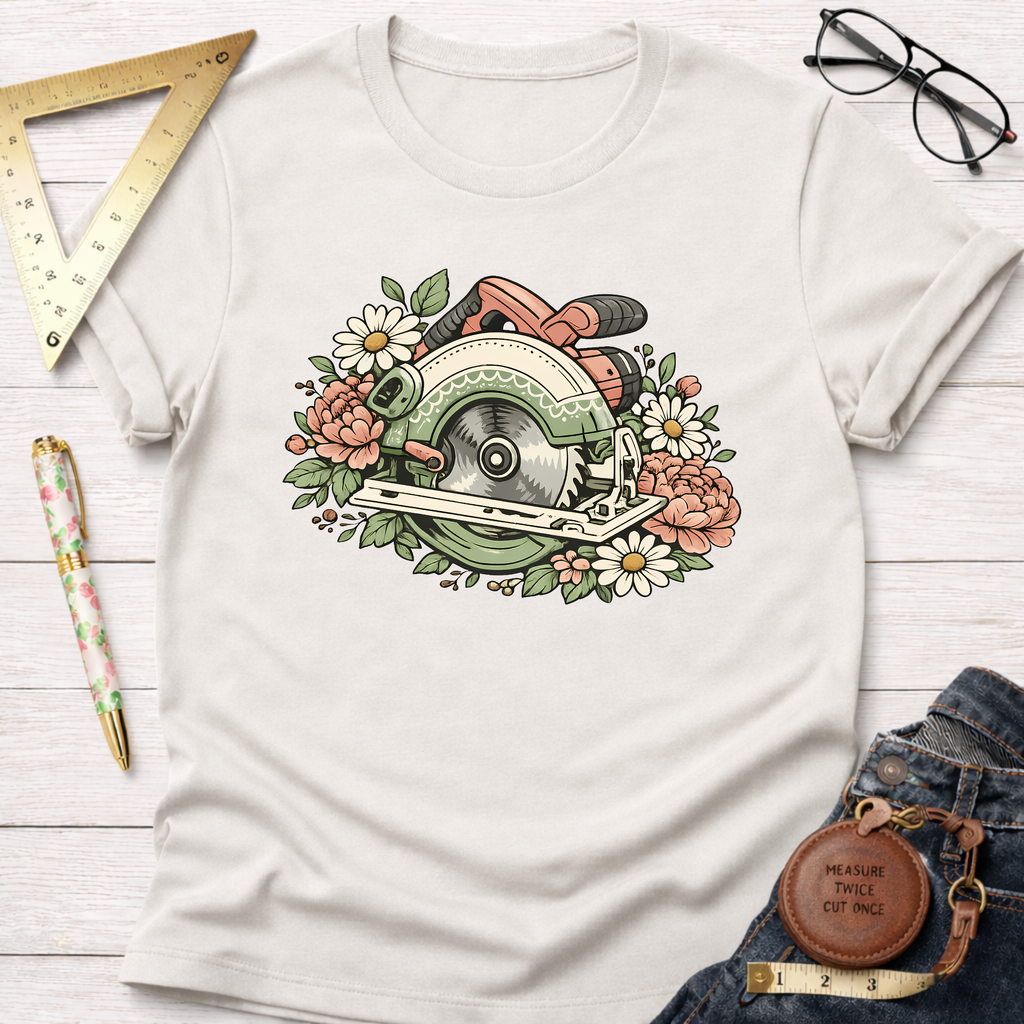 Off-white Bloom & Blade T-shirt with a floral circular saw graphic, surrounded by daisies and pink flowers.
