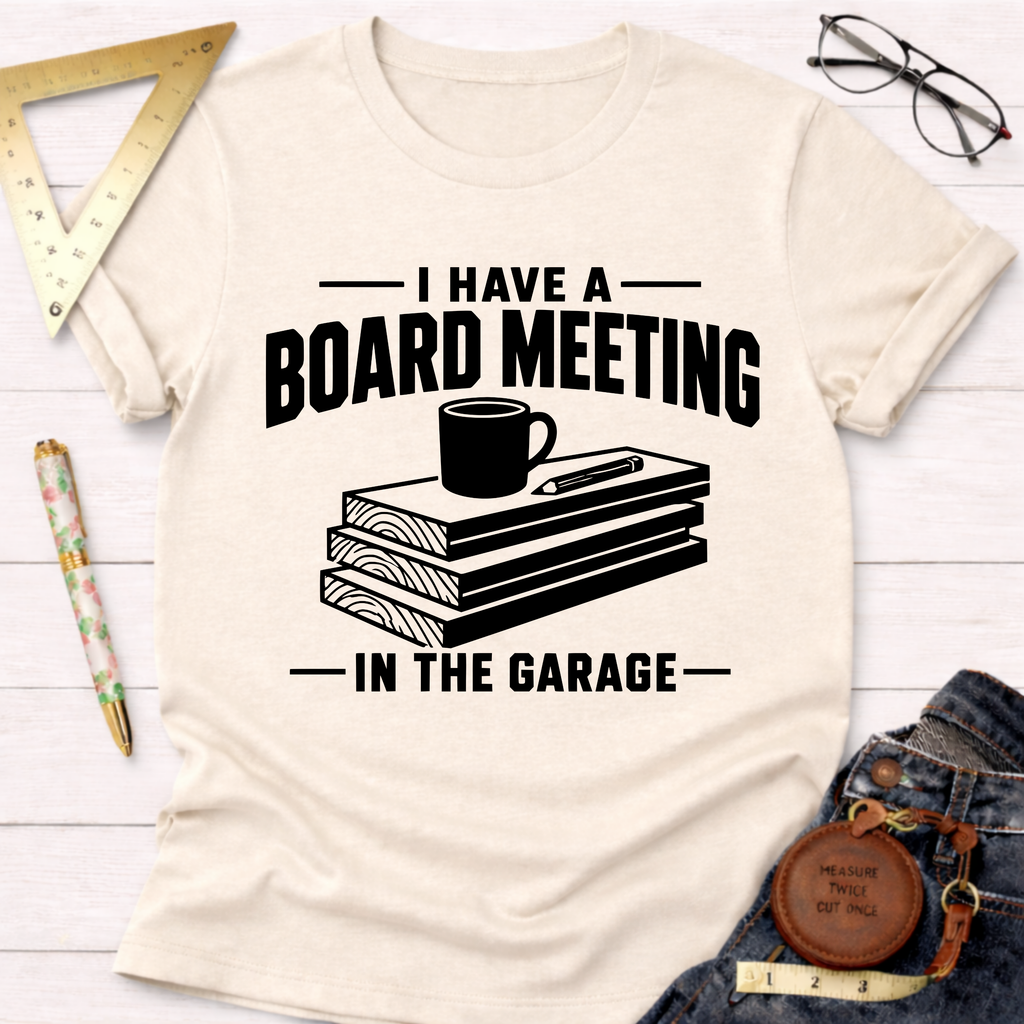 Cream t-shirt with "I Have A Board Meeting In The Garage" text, stacked wood, coffee cup, and pencil graphic.