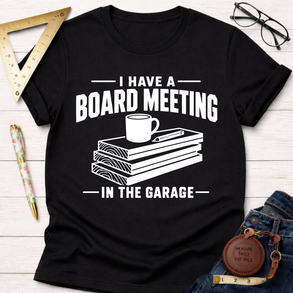 Black "I Have A Board Meeting In The Garage" t-shirt with wood stack, mug, and pencil graphic.