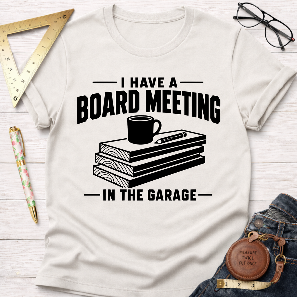 Off-white "Board Meeting In The Garage" t-shirt with wood planks, coffee mug, and pencil graphic.