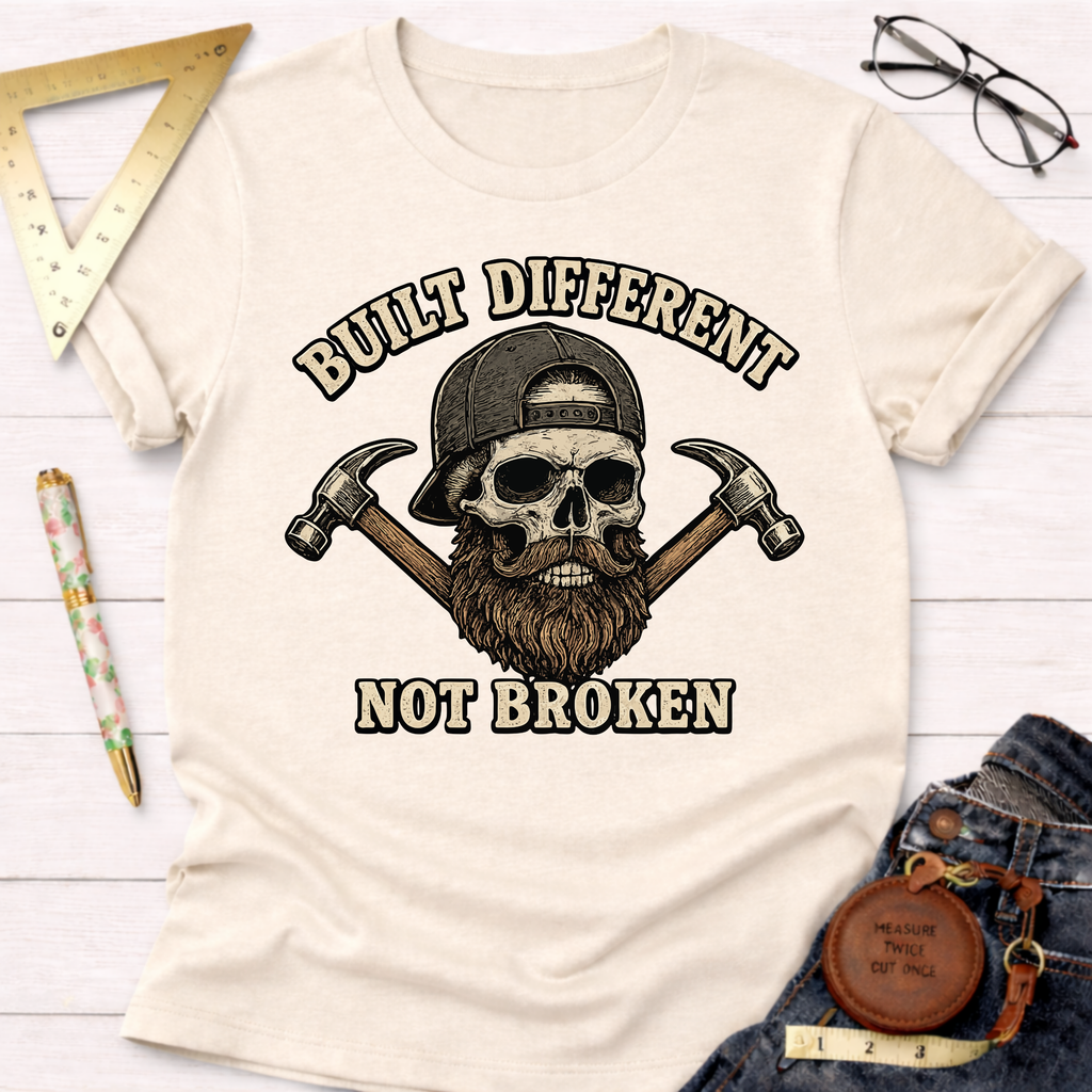 Cream t-shirt with a bearded skull wearing a cap, crossed hammers, and "Built Different Not Broken" text.