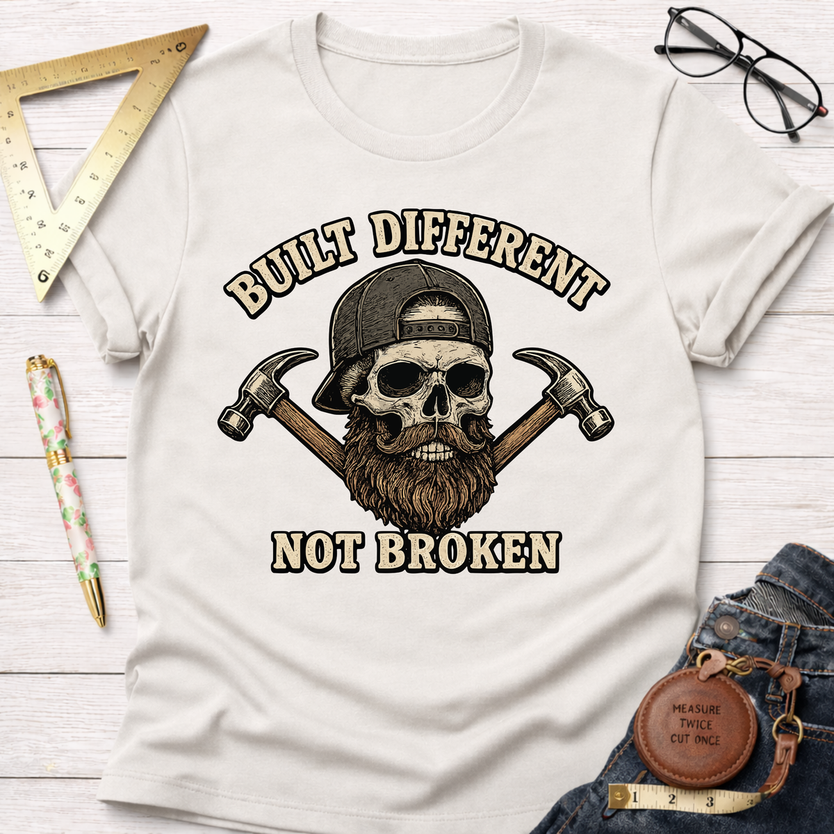 Cream t-shirt with a bearded skull wearing a cap, crossed hammers, and "Built Different Not Broken" text.