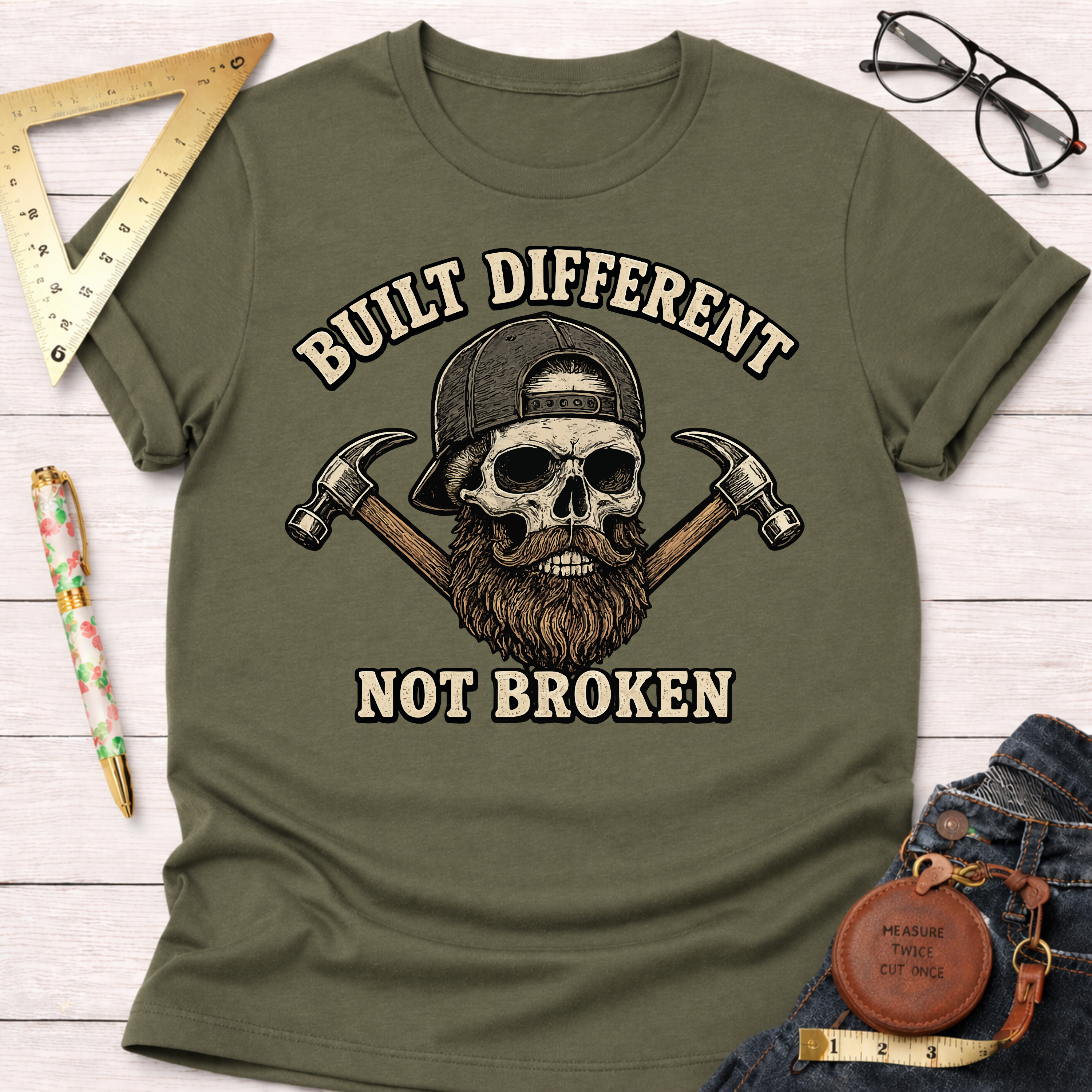Olive green "Built Different Not Broken" t-shirt with a bearded skull wearing a cap and crossed hammers.