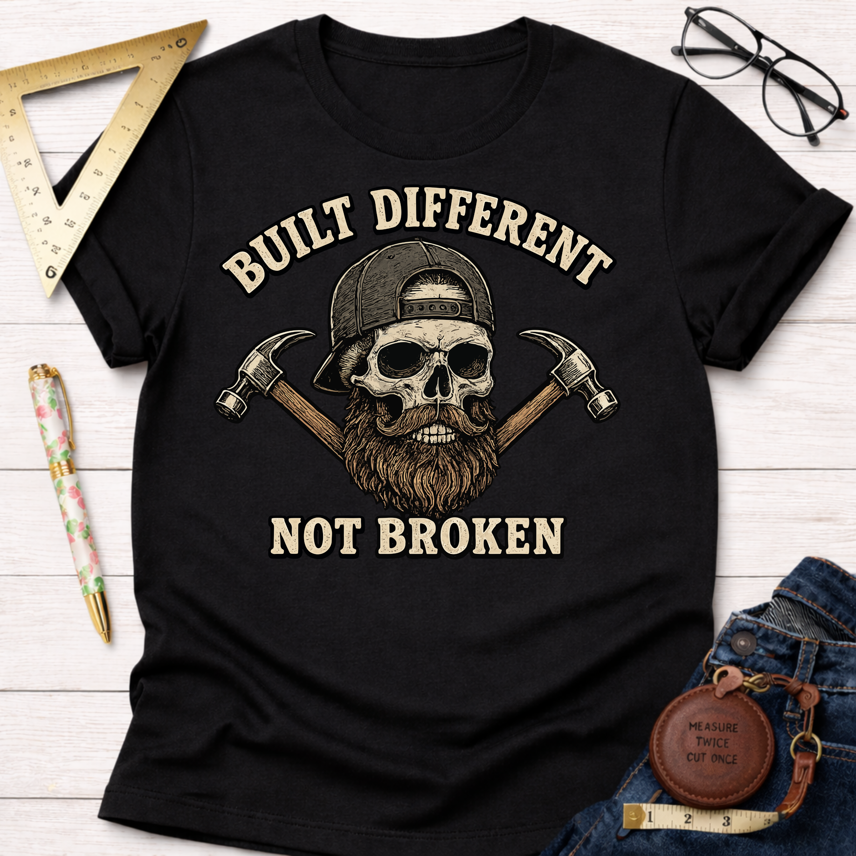 Black cotton t-shirt with a skull wearing a backward cap, beard, and crossed hammers, text "Built Different Not Broken.