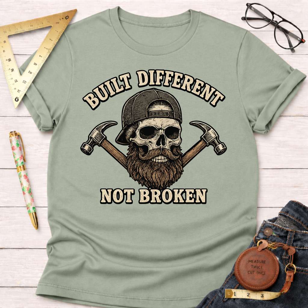 Sage green t-shirt with a bearded skull wearing a cap, flanked by hammers, and "Built Different Not Broken" text.