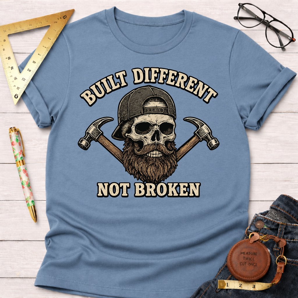 Light blue "Built Different Not Broken" t-shirt with a skull wearing a cap and beard, flanked by hammers.