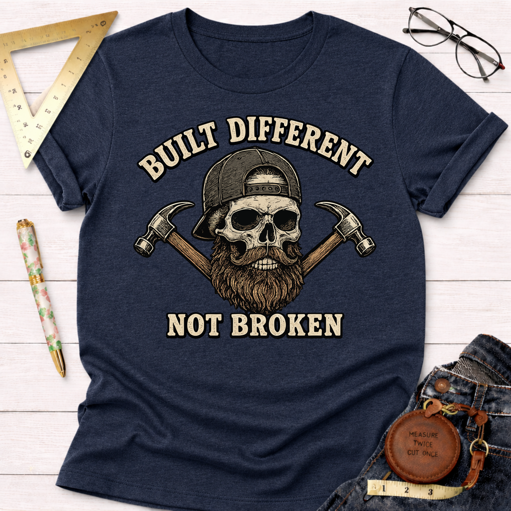 Navy blue heather t-shirt with a "Built Different Not Broken" skull wearing a cap and beard, crossed hammers.
