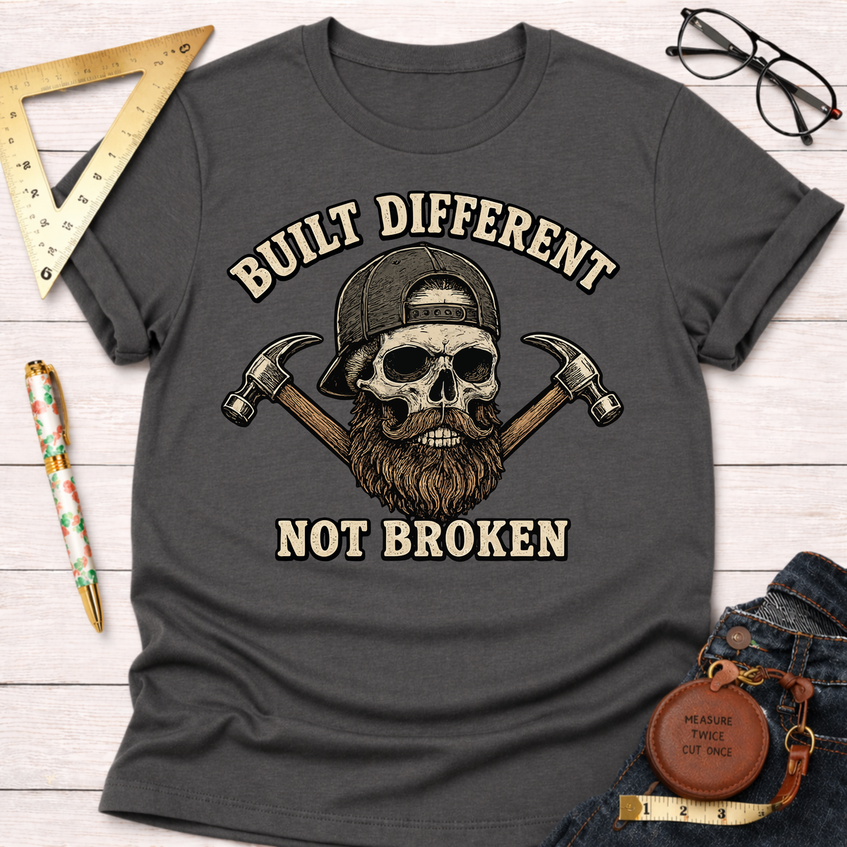 Cream t-shirt with a bearded skull wearing a cap, crossed hammers, and "Built Different Not Broken" text.