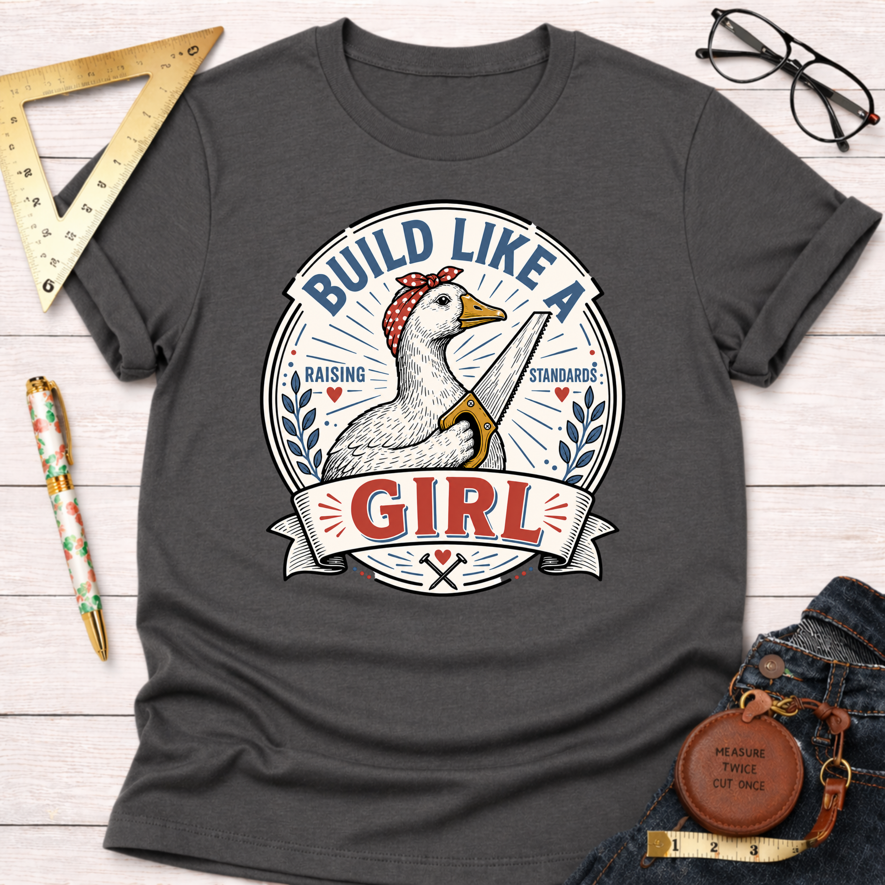 Charcoal gray "Build Like A Girl" t-shirt with a goose holding a saw and wearing a red bandana.