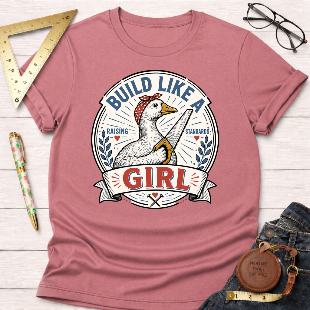 Dusty rose "Build Like A Girl" t-shirt with a goose holding a saw, surrounded by woodworking tools.