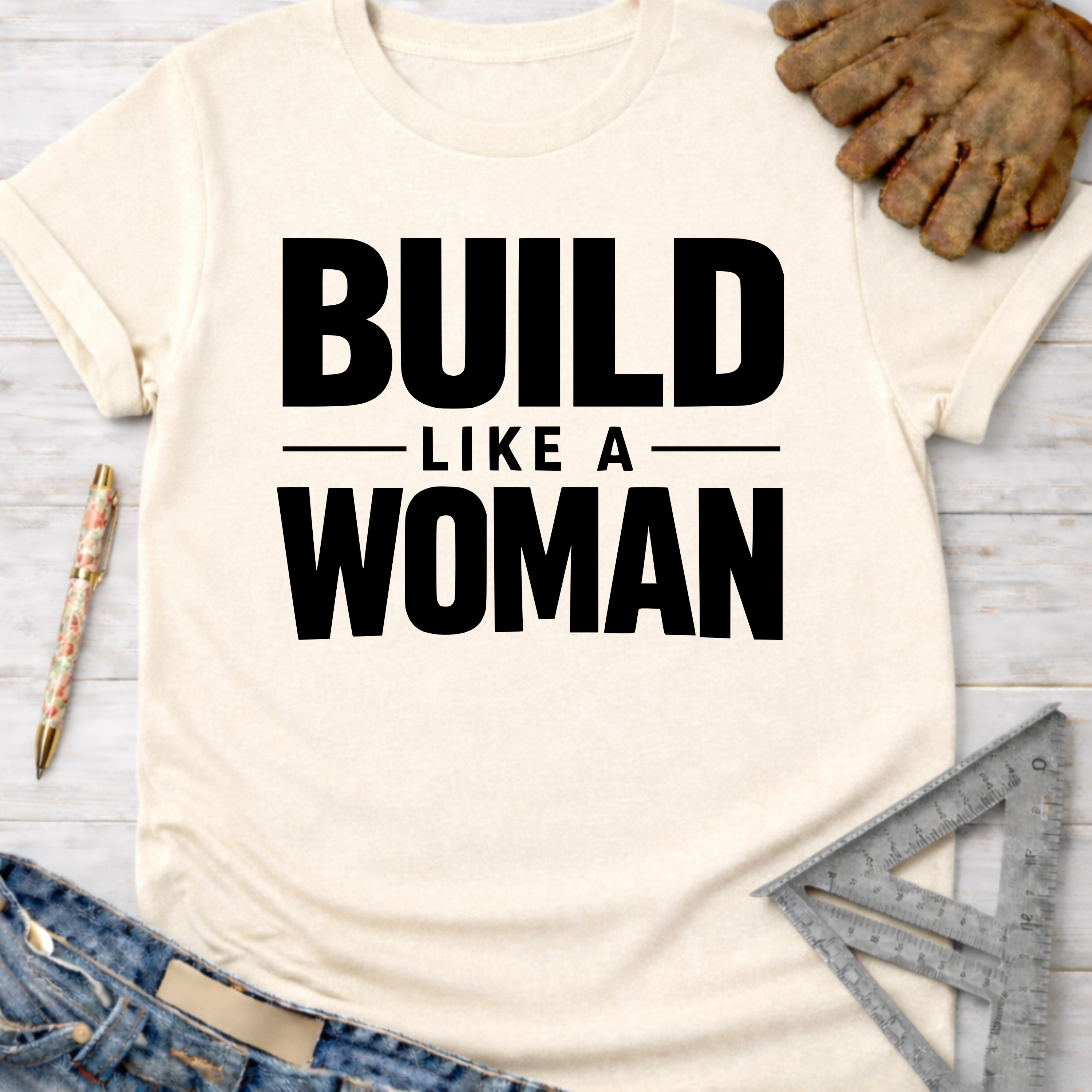 Cream "BUILD LIKE A WOMAN" graphic tee, women's funny woodworking shirt for makers & DIY builders — Sawdust & Ponytails.