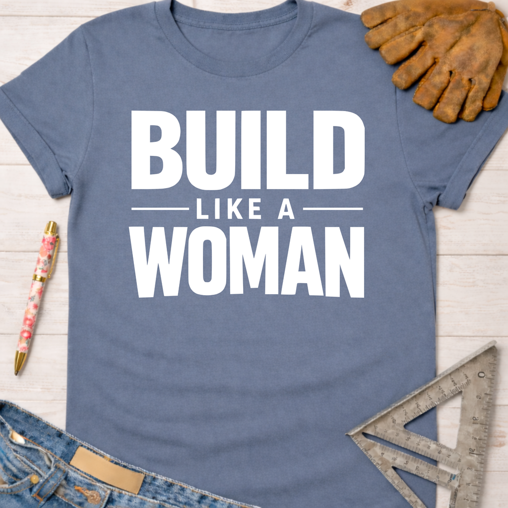 Women's funny woodworking graphic tee shirt for female woodworkers, makers, and DIY builders — Sawdust & Ponytails. Blue cotton tee with "BUILD LIKE A WOMAN" in white text.