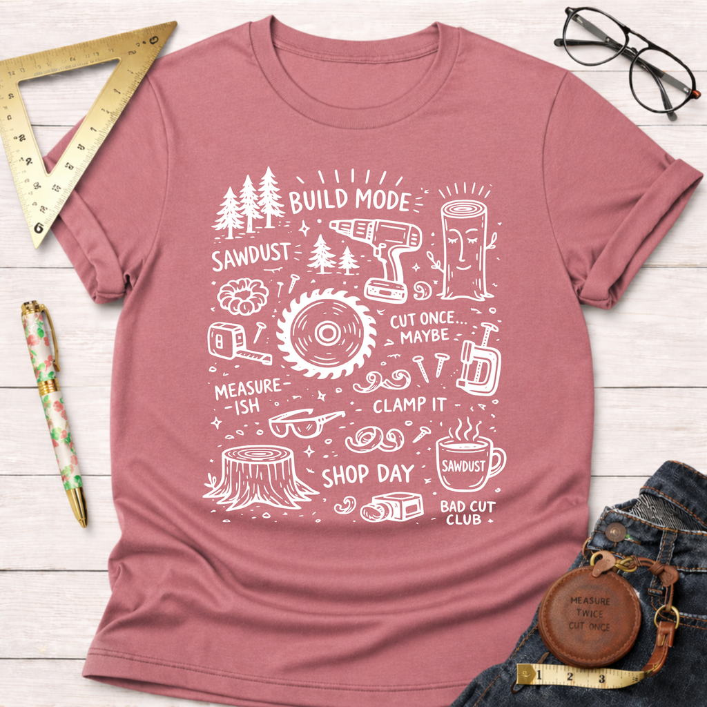 Women's funny woodworking graphic tee shirt for female woodworkers, makers, and DIY builders — Sawdust & Ponytails. Mauve pink t-shirt with white "Build Mode" graphic featuring tools and wood elements.