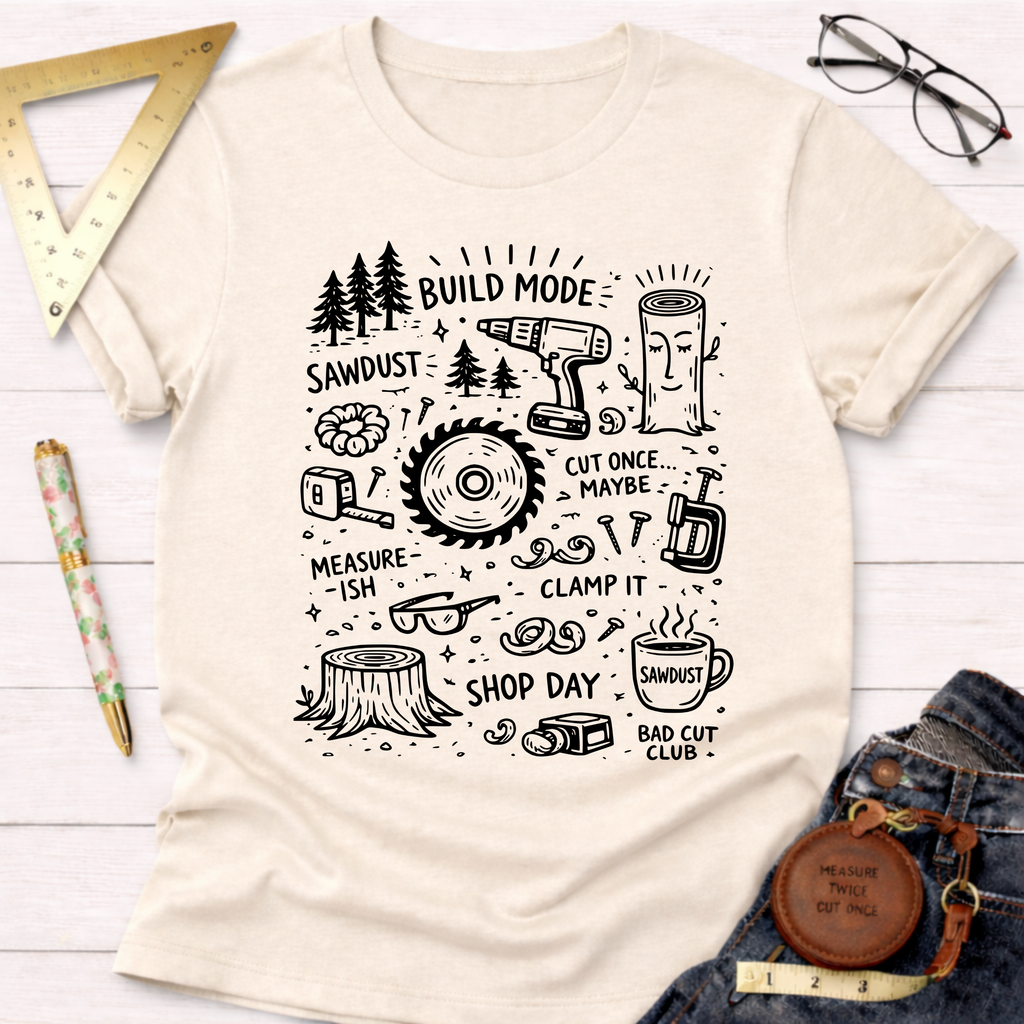 Women's funny woodworking graphic tee shirt for female woodworkers, makers, and DIY builders — Sawdust & Ponytails. Cream short-sleeve tee with black "Build Mode" tools and nature doodle art.